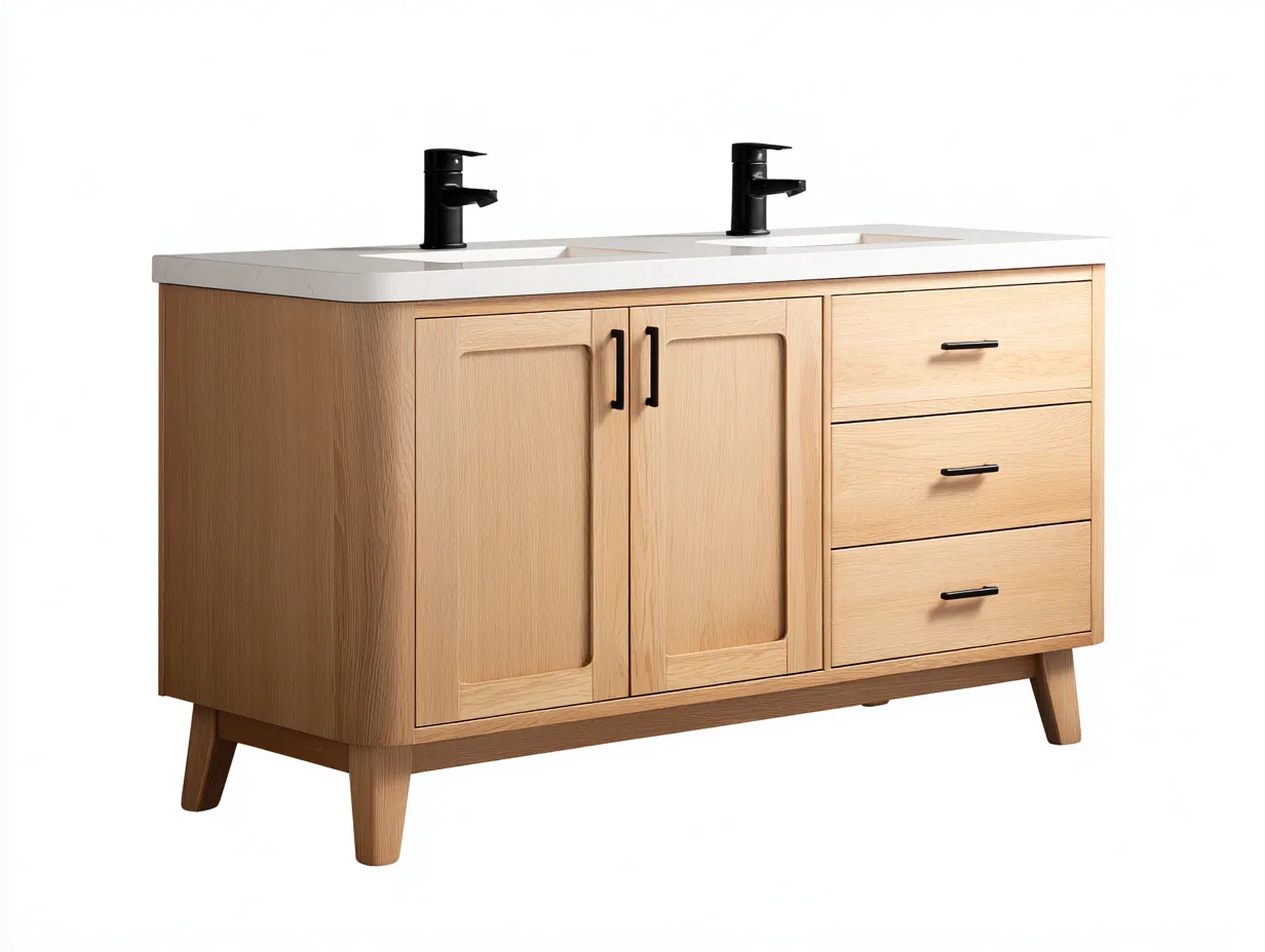 Waschbecken Doppelwaschtisch in heller Eicheoptik - weiße Platte - schwarzer Griff - für das Badezimmer 122x51x87 cm