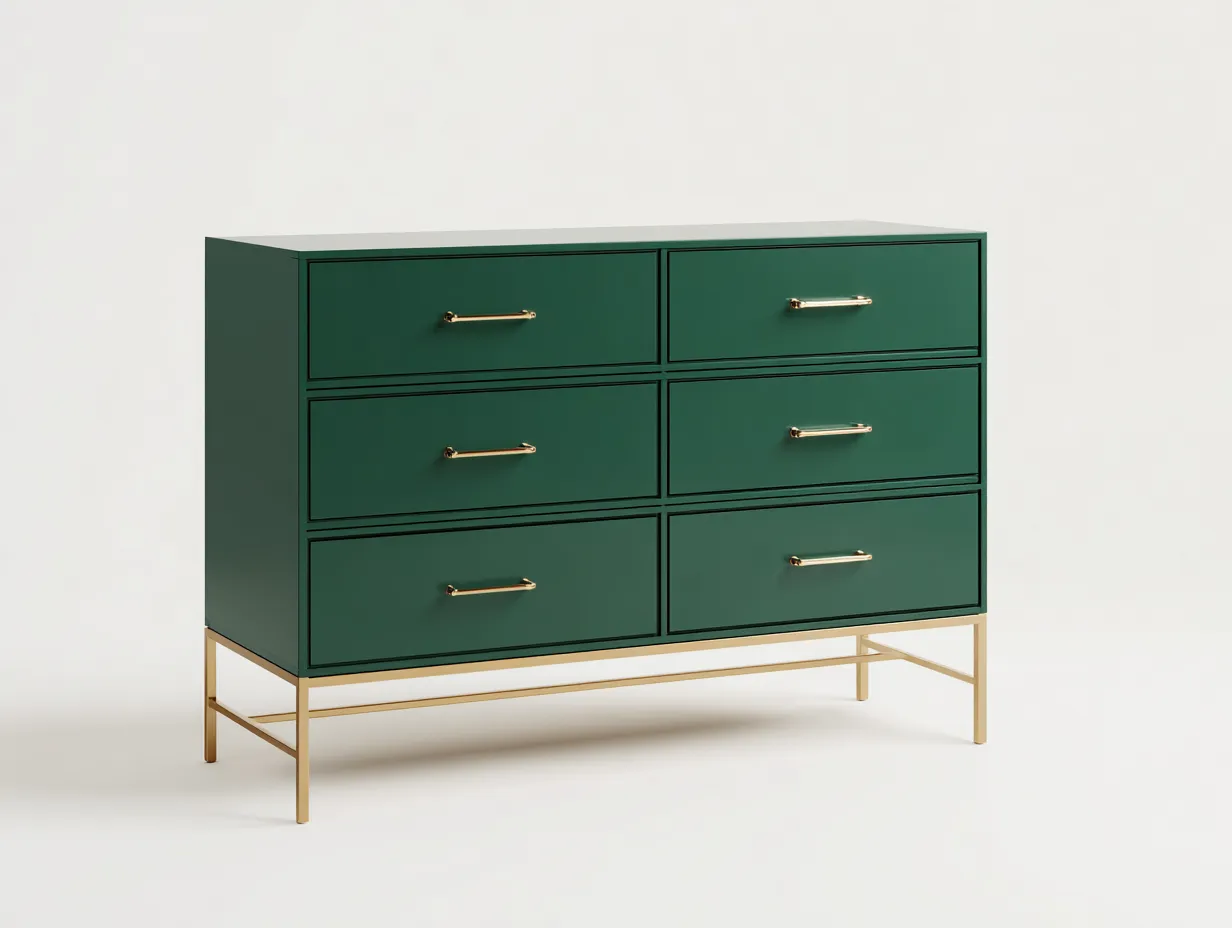 Kommode 118x40x90 cm - Tannengrün und Gold - moderne Schlafzimmerkommode mit klarer Front und filigranem Metallrahmen