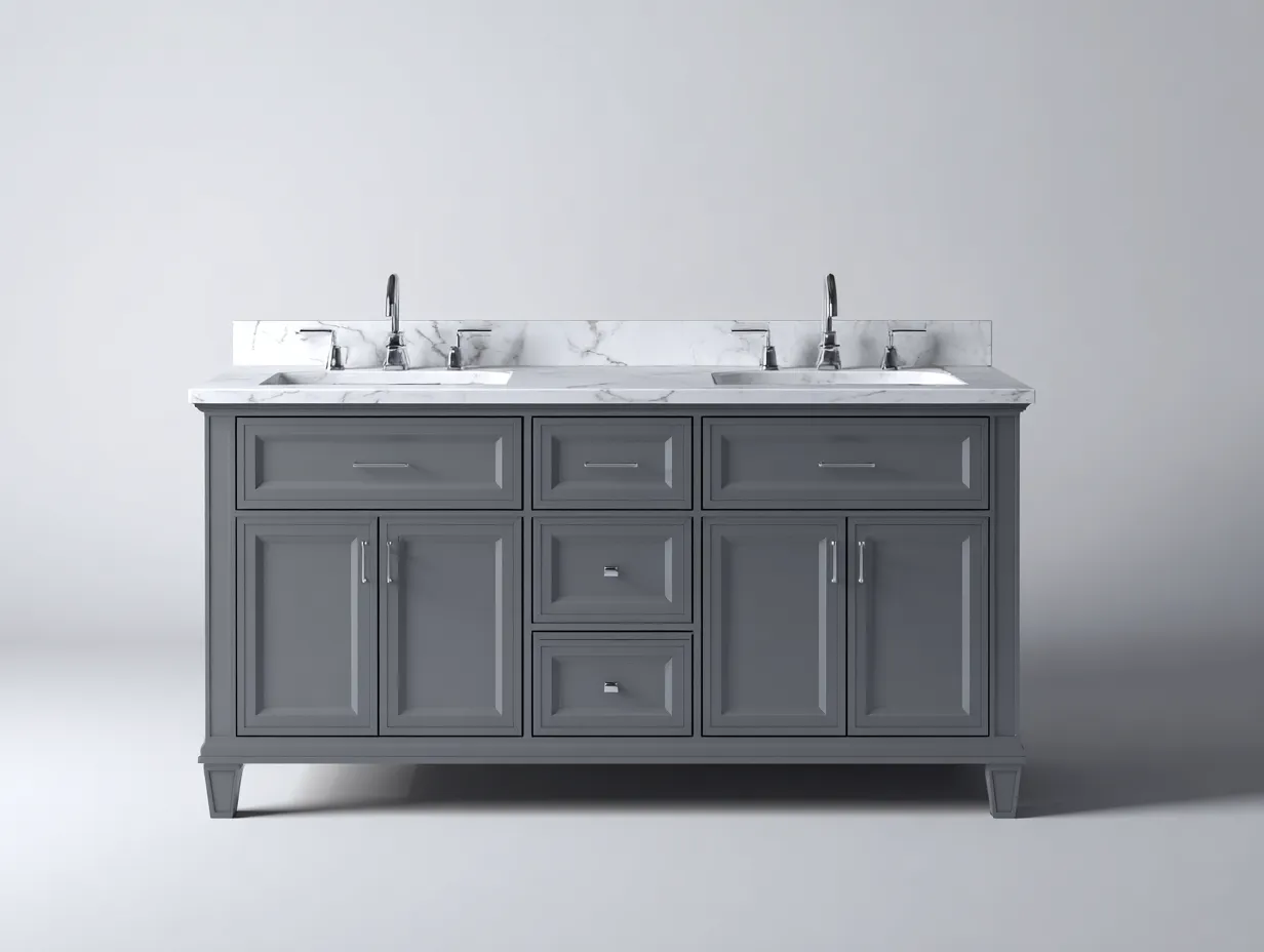 Waschbecken Doppelwaschtisch in Grau mit Marmoroptikplatte - klassischer Badschrank - für das Badezimmer 152x50x90 cm