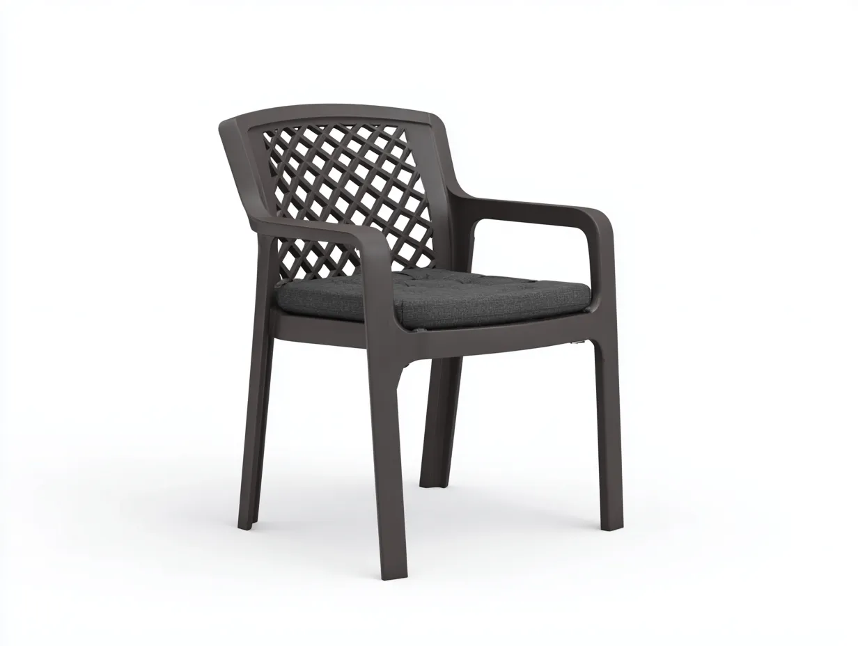 Stuhl aus Kunststoff mit Armlehnen in Dunkelgrau - Gitterrücken - mit Sitzkissen - für Garten und Terrasse 57x59x82 cm