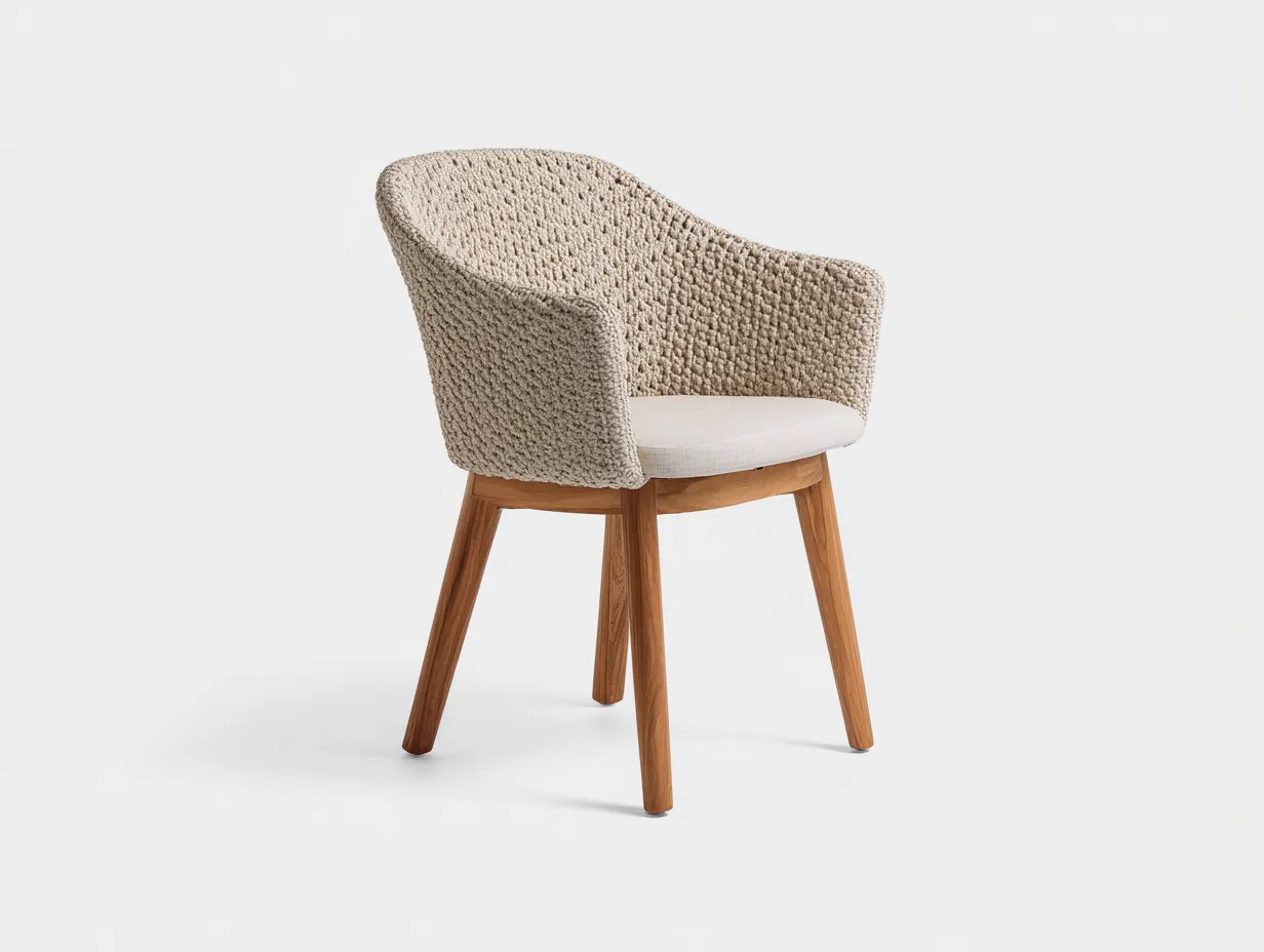 Stuhl in Bouclé-Optik mit Armlehnen - Cremebeige - Holzgestell - für geschützten Outdoor-Bereich 59x61x79 cm