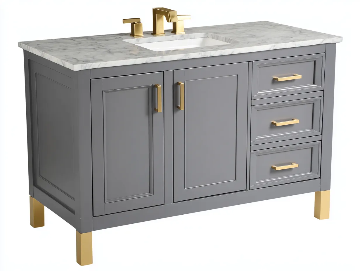 Waschbecken Badmöbel Grau mit Marmoroptikplatte und goldfarbenen Griffen für das Badezimmer - 2 Türen und 3 Schubladen - 107x49x89 cm