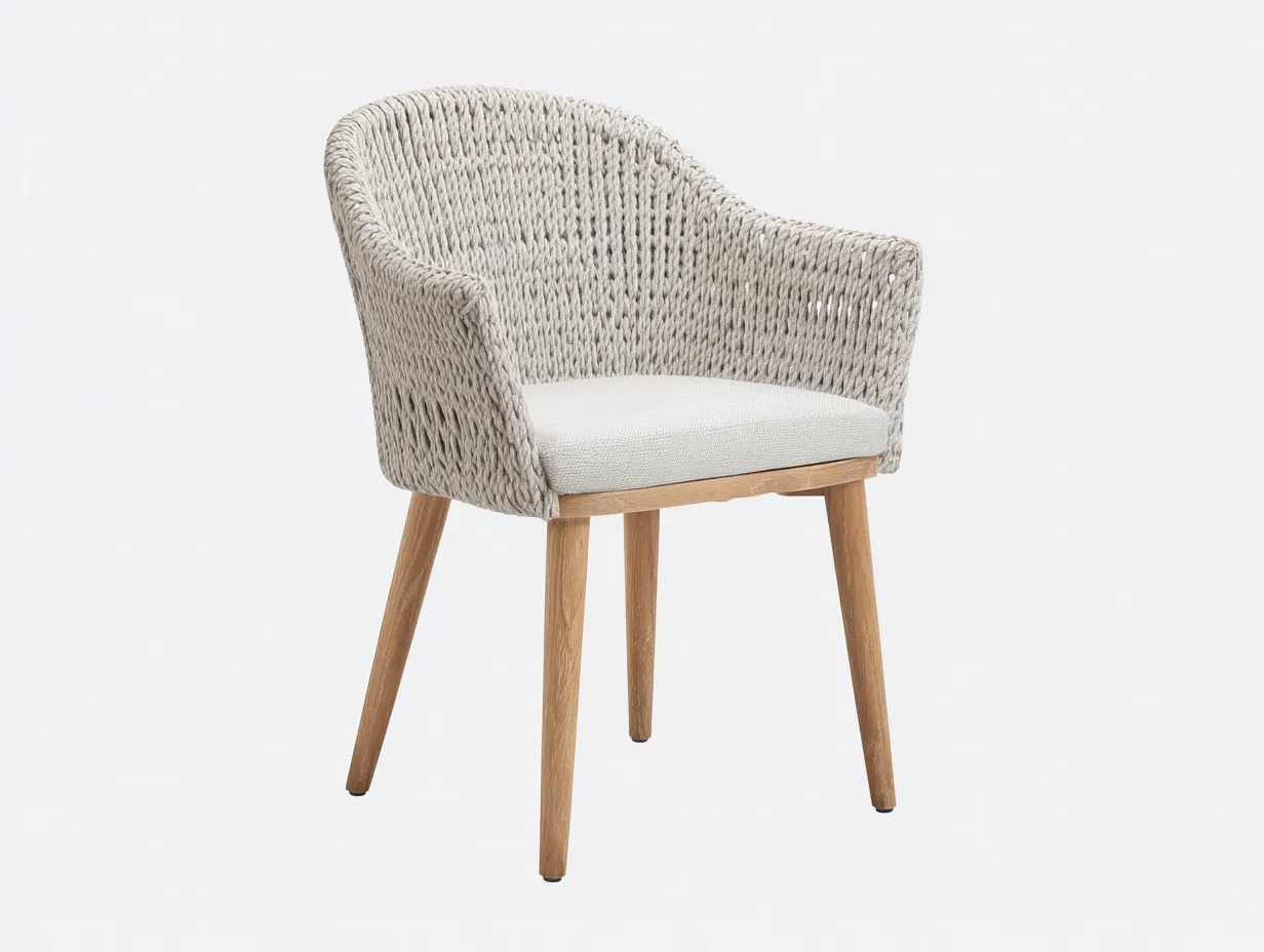 Stuhl mit Seilgeflecht in Sandbeige - Holzbeine - gepolsterte Sitzfläche - für den Außenbereich 57x60x80 cm