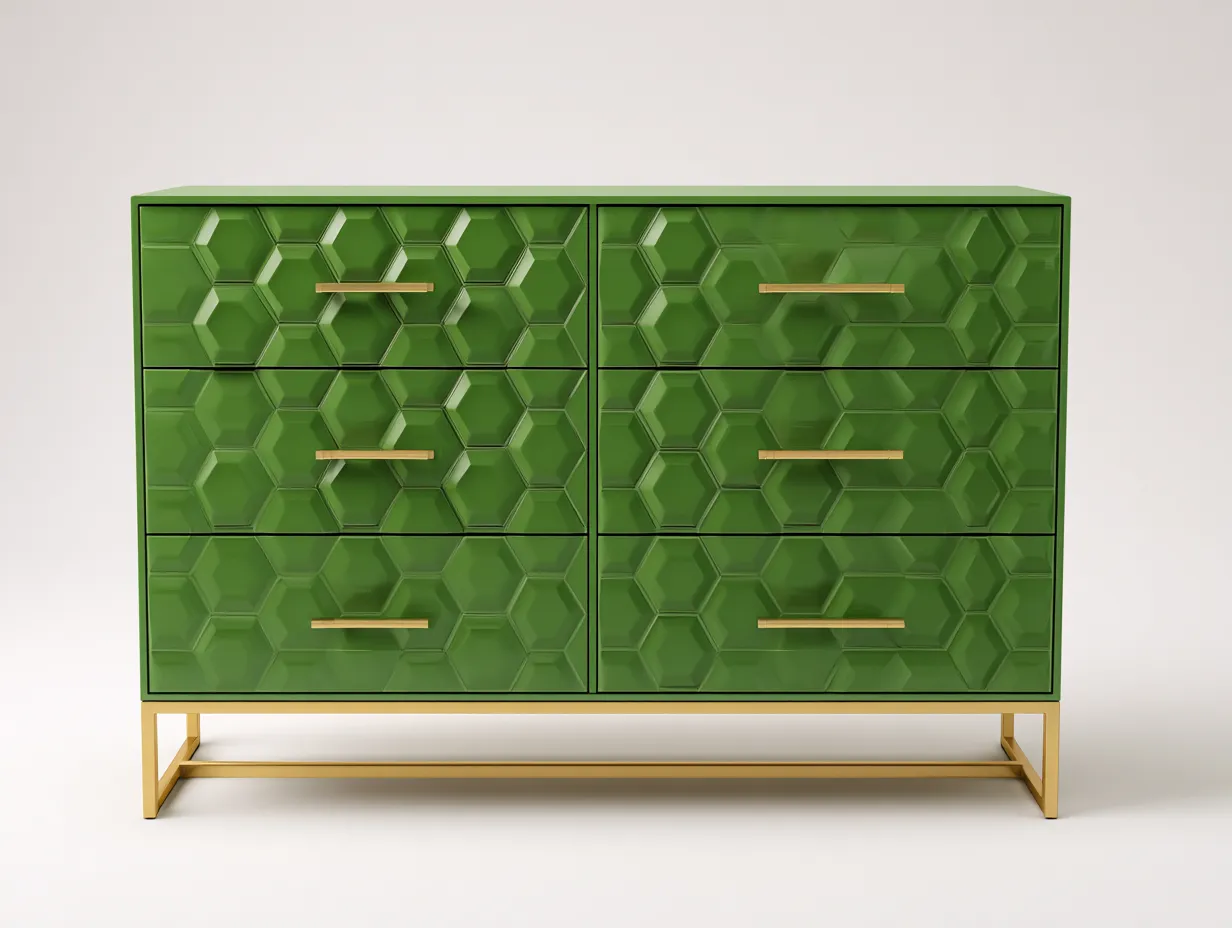 Kommode 122x42x96 cm - Smaragdgrün und Gold - Schlafzimmermöbel mit reliefartiger Front und offenem Metallgestell