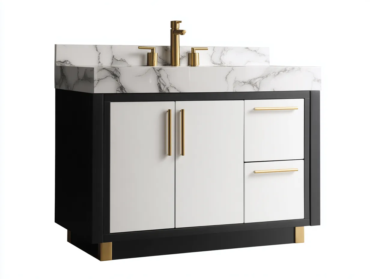 Waschbecken Badschrank Schwarz Weiß mit Goldgriffen und Keramikbecken für das Badezimmer - 2 Türen und 2 Schubladen - 91x48x86 cm