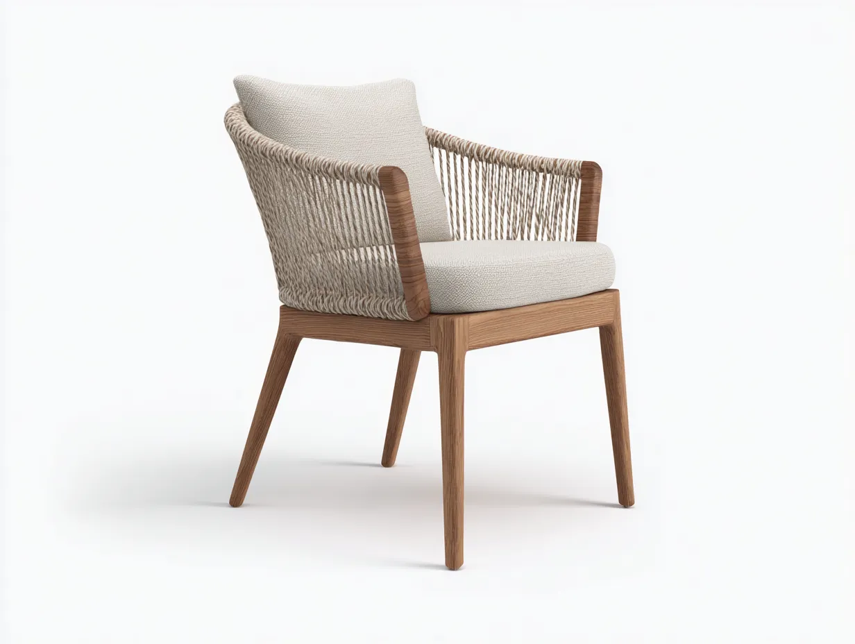 Stuhl mit Seilgeflecht in Naturbeige - Holzgestell - Sitz- und Rückenkissen - für geschützte Terrasse 60x63x82 cm