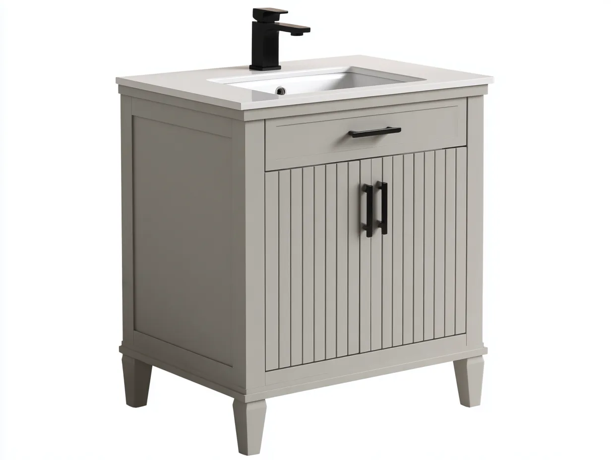 Waschbecken Waschtischunterschrank in Taupegrau mit Schublade und Rillentür - weiße Platte - für das Badezimmer 61x46x88 cm