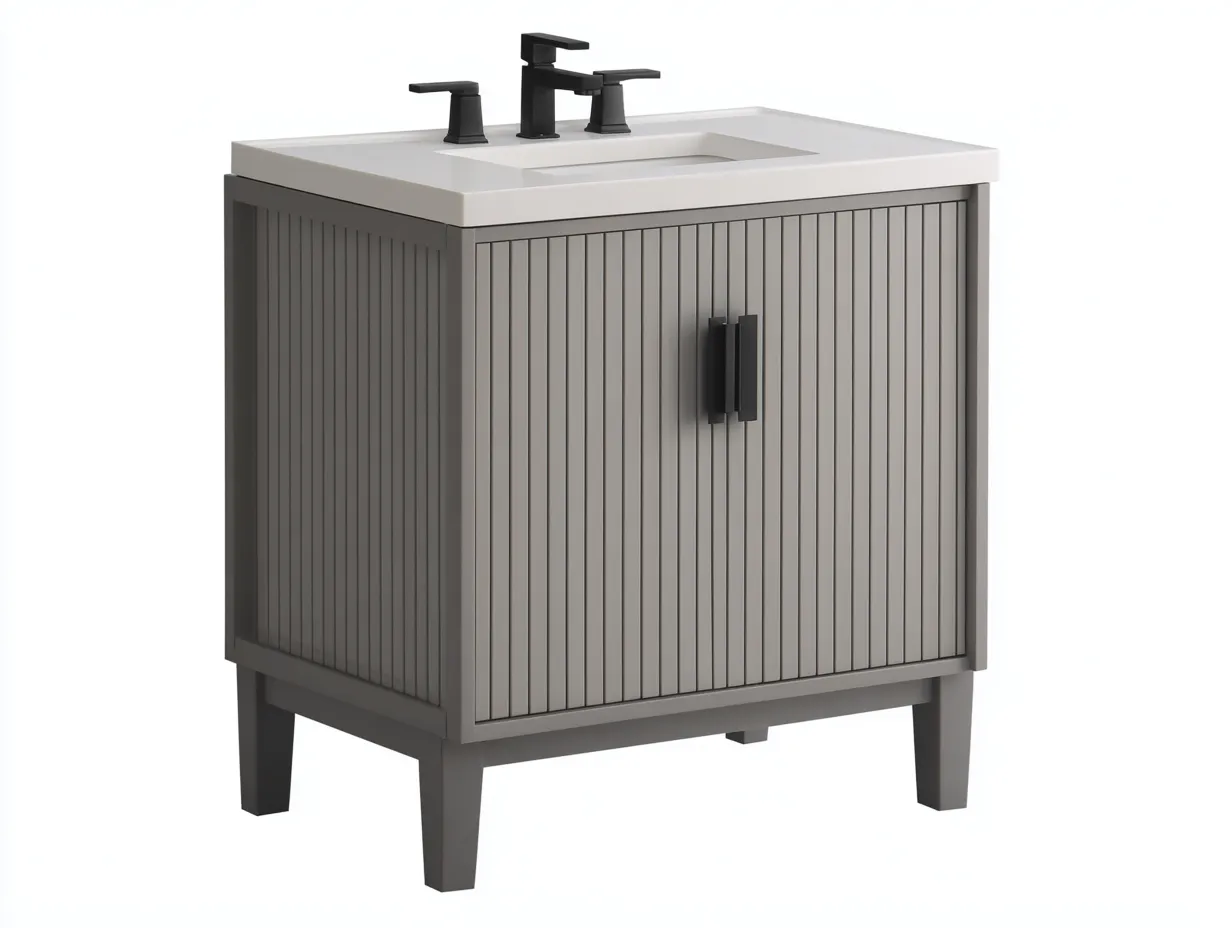 Waschbecken Badschrank in Dunkelgrau mit Rillenfront - weiße Waschplatte - schwarzer Griff - für das Badezimmer 62x48x86 cm