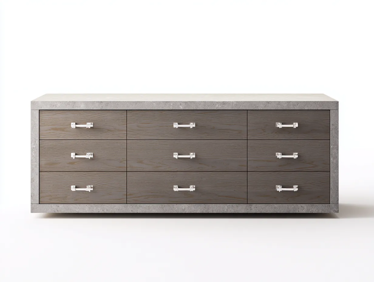 Kommode 168x46x78 cm - Betonoptik und Taupe - breites Schlafzimmermöbel mit gerader Front und markanten Griffen