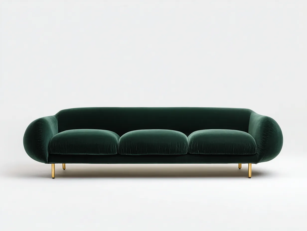 Dreisitzer 232x94x76 cm - Dunkelgrün - Samtsofa für das Wohnzimmer mit runden Seiten und Messingfüßen