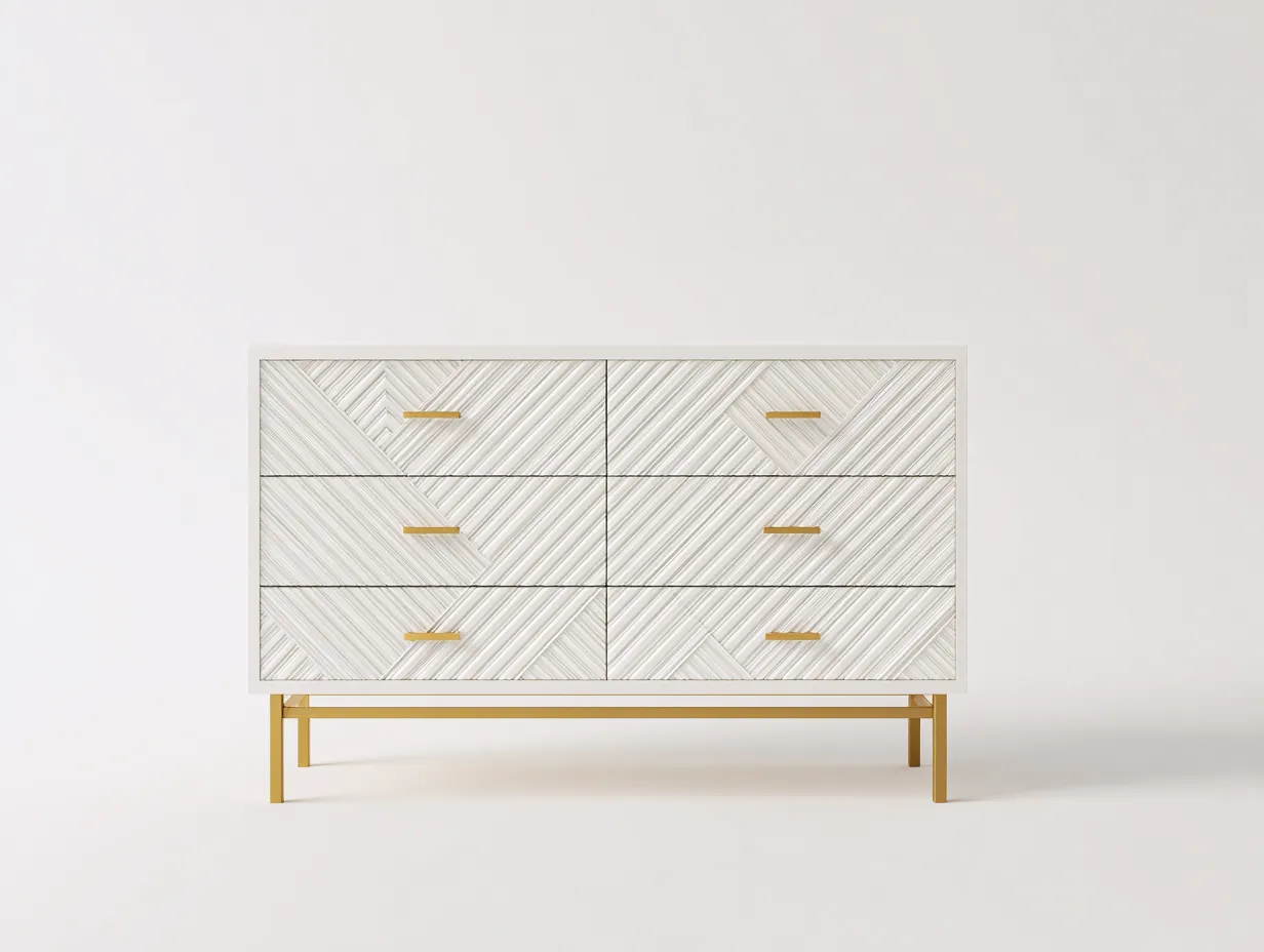 Kommode in Cremeweiß - Holzoptik 120x45x82 cm - für das Schlafzimmer - mit 6 Schubladen und Goldgestell
