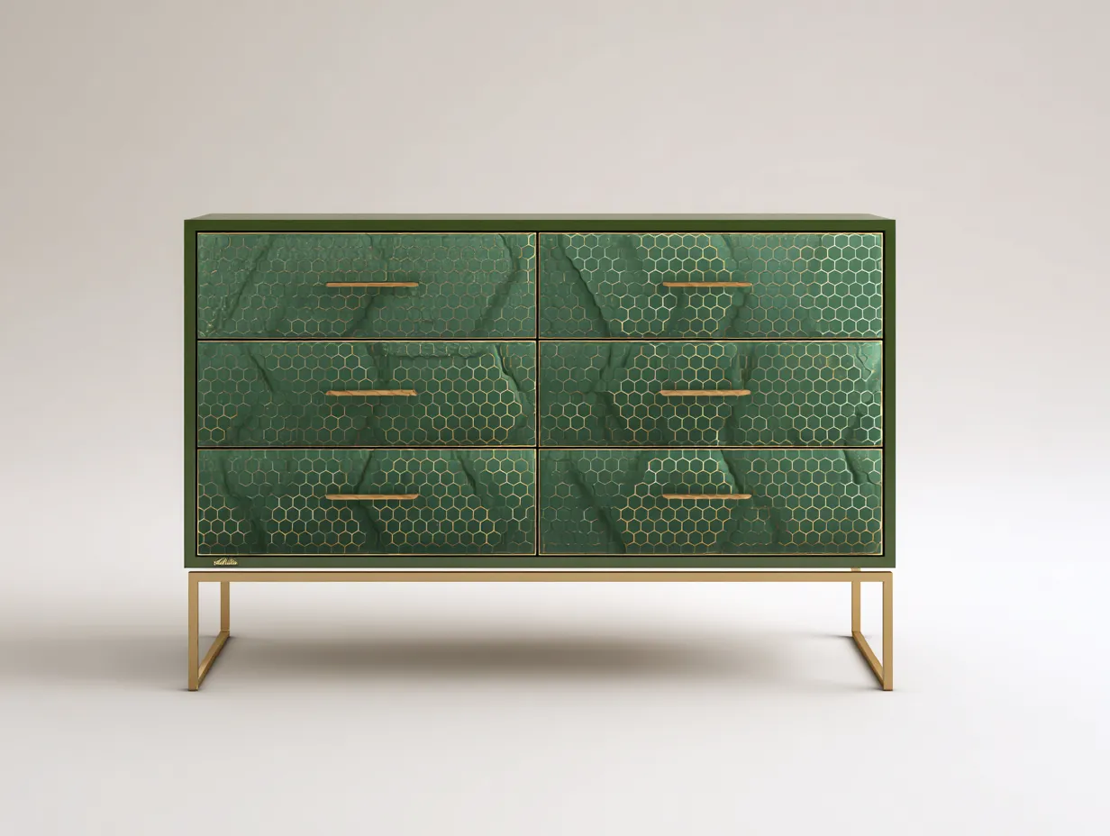 Kommode 124x42x96 cm - Dunkelgrün und Gold - Schlafzimmermöbel mit feiner Wabenstruktur und elegantem Untergestell