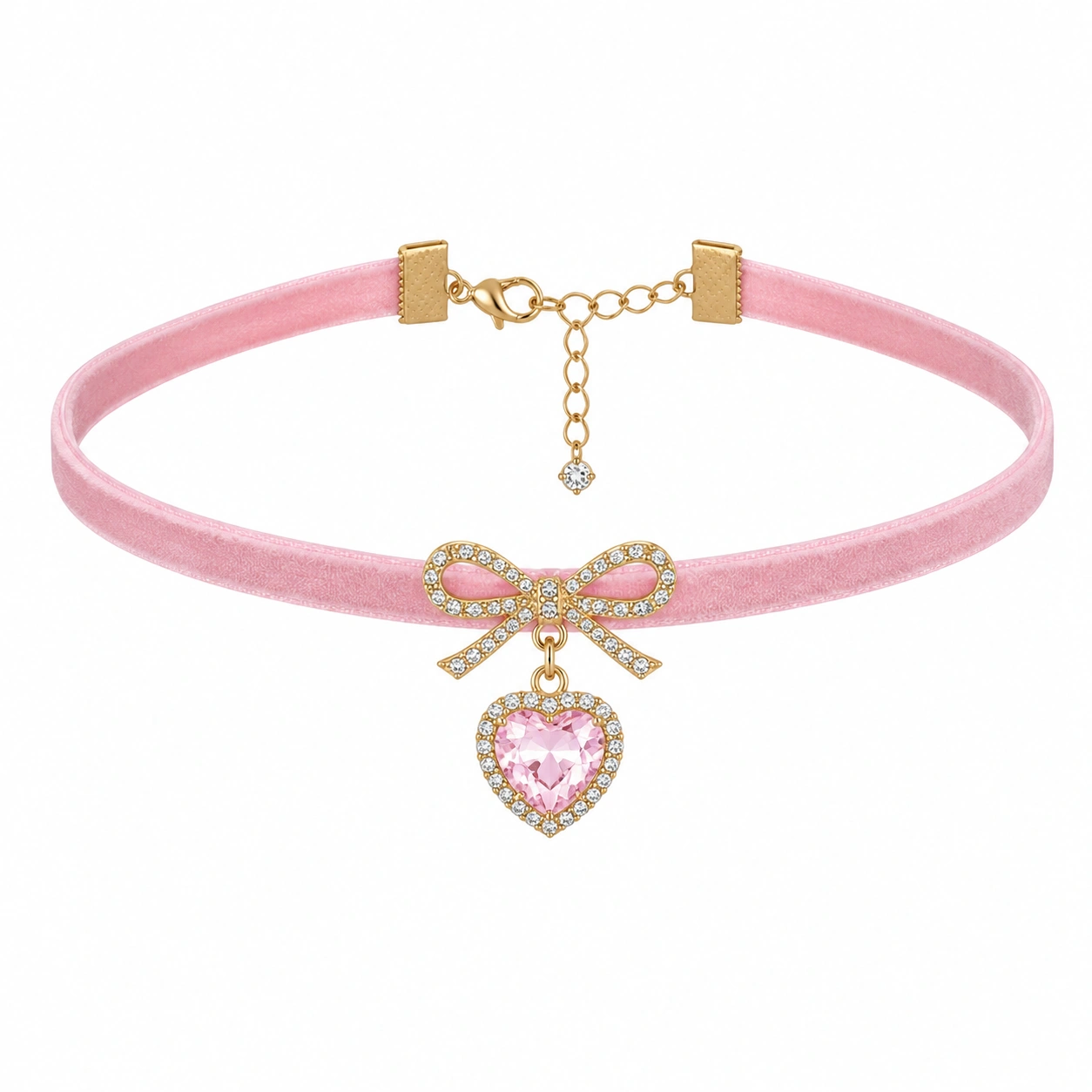 Aksamitny choker z kryształem w kształcie serca i kokardą, różowy-ROOMAZVIX