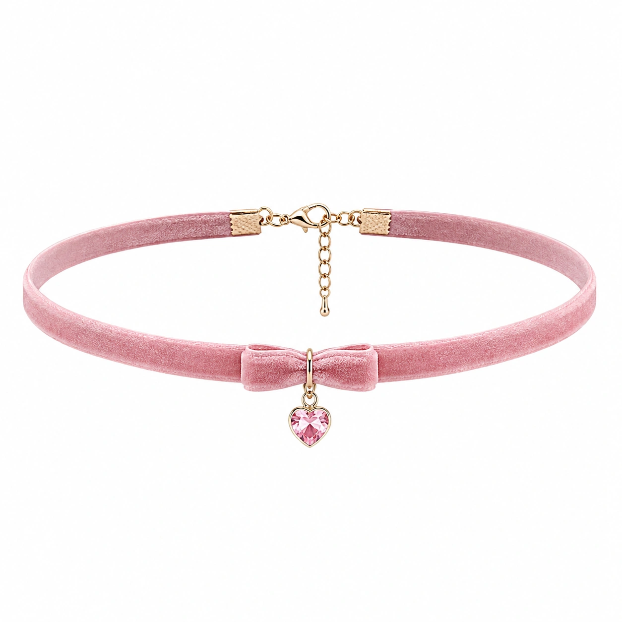 Różowy aksamitny choker z kokardką i sercem-ROOMAZVIX