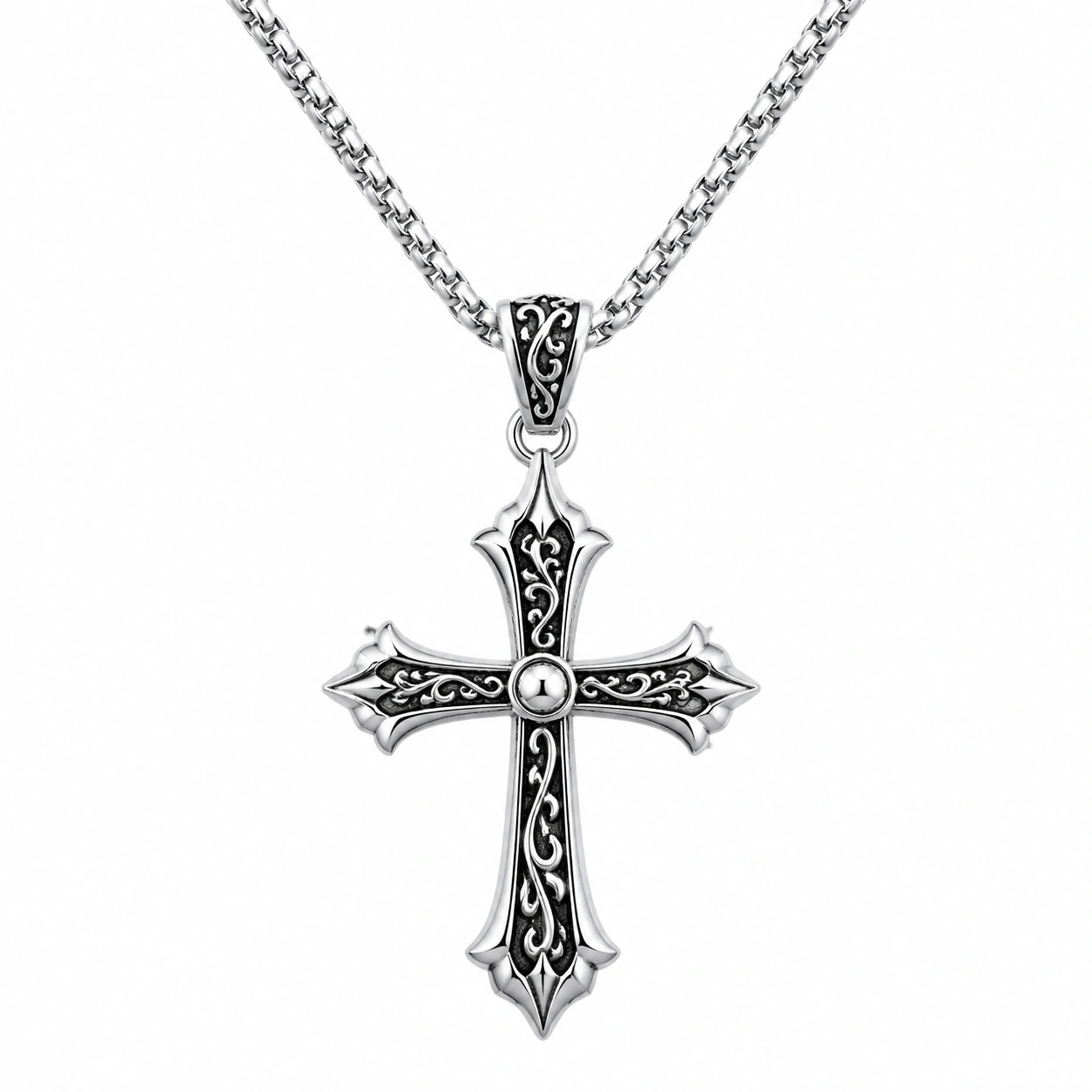 Gotycki naszyjnik krzyż srebrny z detalicznym wzorem-ROOMAZVIX