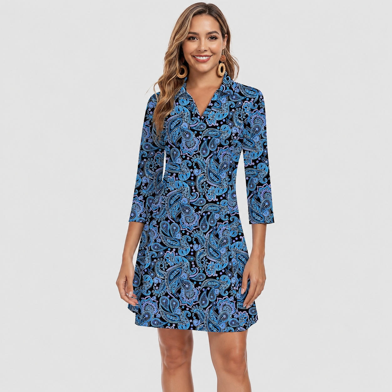 3/4 Sleeve Dress for Women with Pockets V Neck UPF 50+ Casual Sun Dress Breathable Quick Dry Beach Vacation