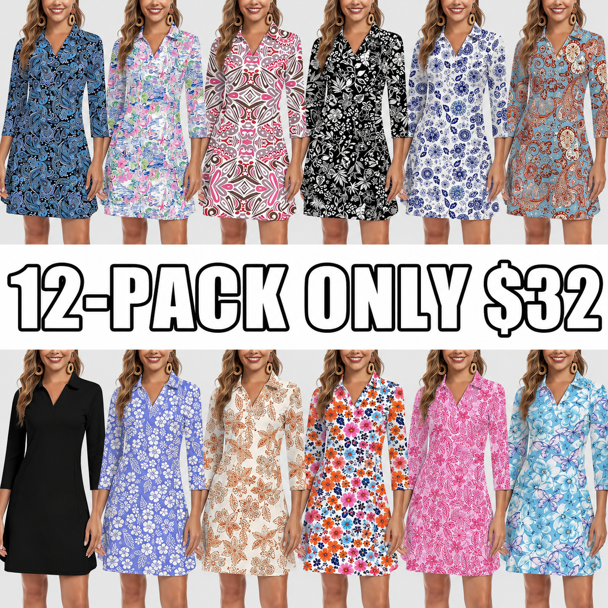 3/4 Sleeve Dress for Women with Pockets V Neck UPF 50+ Casual Sun Dress Breathable Quick Dry Beach Vacation