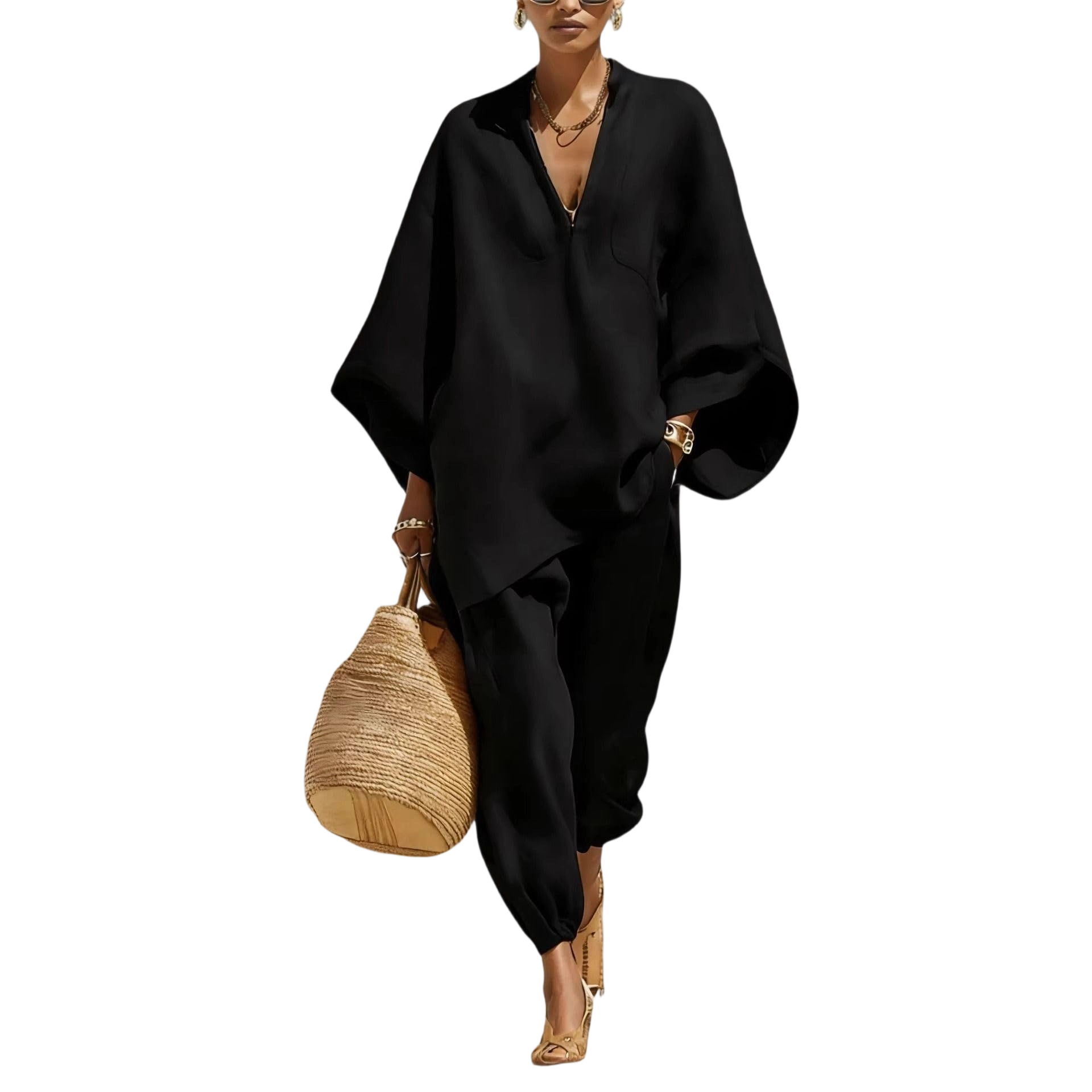 Women Linen Zip V Neck Top & Jogger Pants Two Piece Outfit