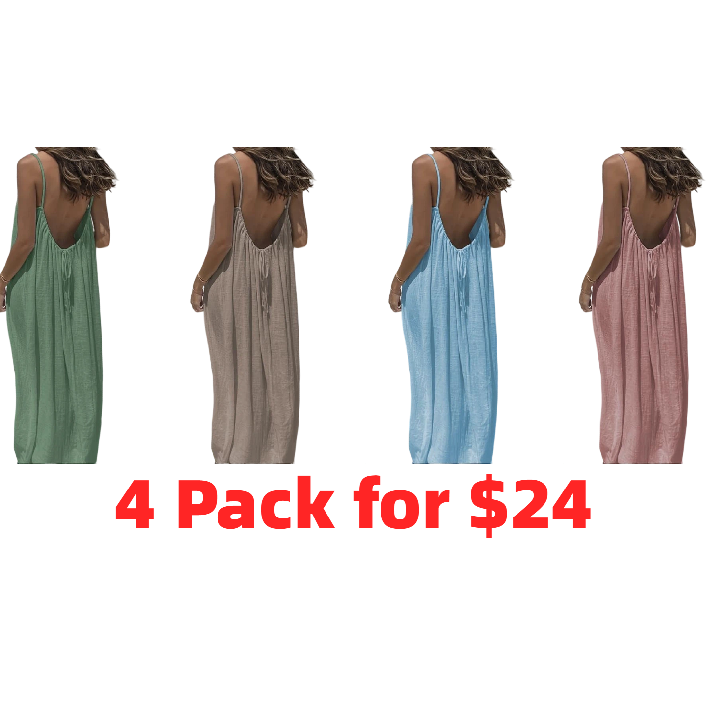 Women's Cotton Linen Backless Loose Dress with Pockets
