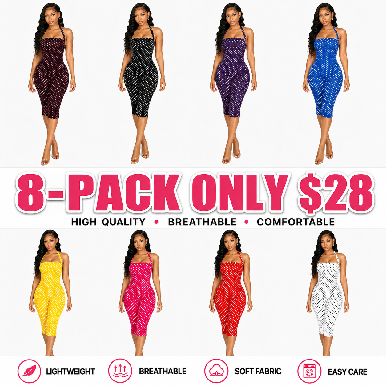 Women's Polka Dot Sleeveless Halter Bodycon Fit Long Pants, Elegant Retro Chic Style, Perfect for Daily Commute and Dates, Halter Neck Jumpsuit