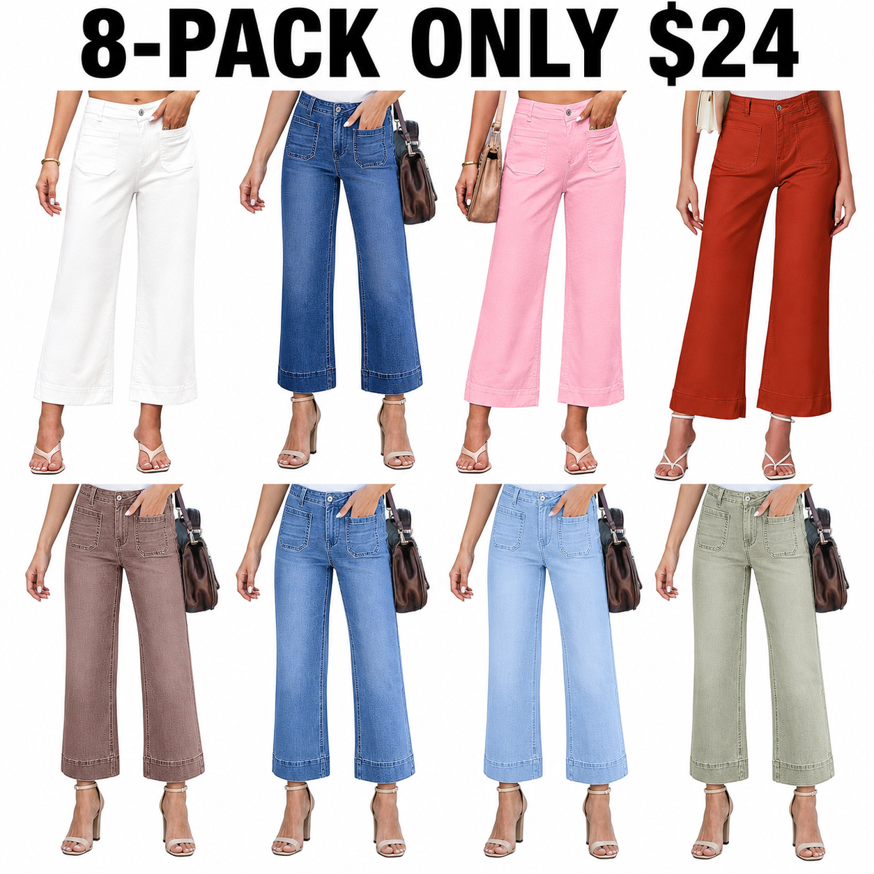 Wide Leg Jeans for Women Trendy High Waisted Flare Jeans Cropped Denim Pants Stretchy Baggy with Patch Pockets