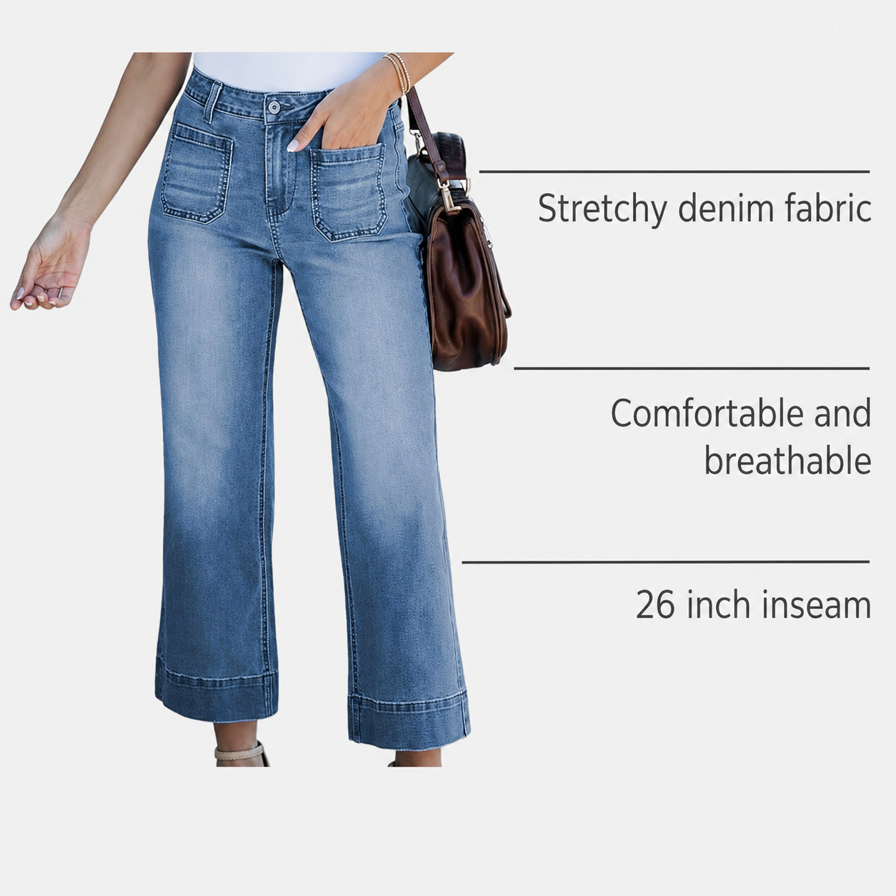 Wide Leg Jeans for Women Trendy High Waisted Flare Jeans Cropped Denim Pants Stretchy Baggy with Patch Pockets