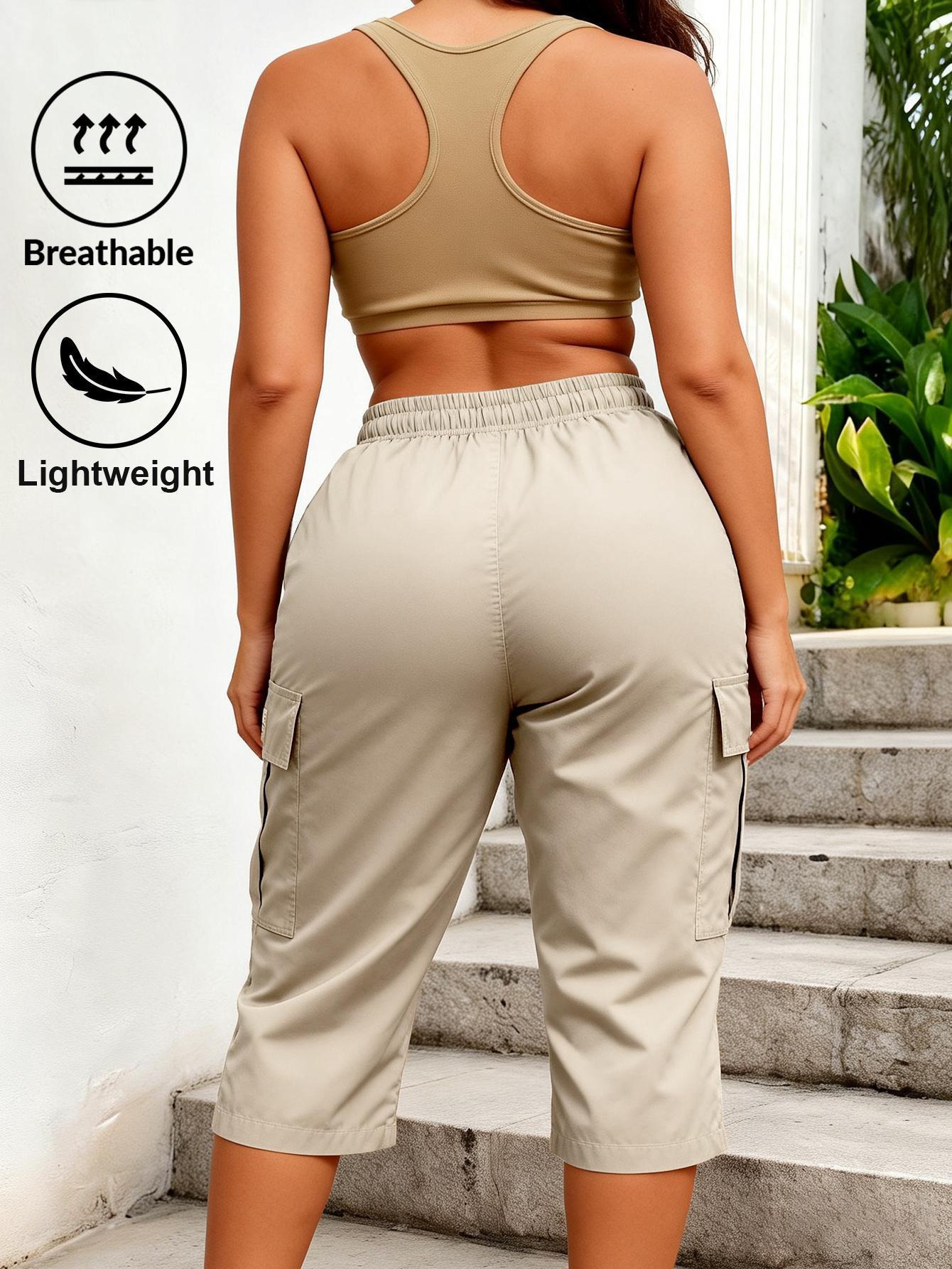 Trendy Women Solid Cargo Capri Pant Elastic Drawstring Waist Multi Flap Pockets Casual Streetwear Daily Outdoor Stylish Slim Fit Women Fashion Bottoms Must-Have Daily Outfit Pants Women's Clothing