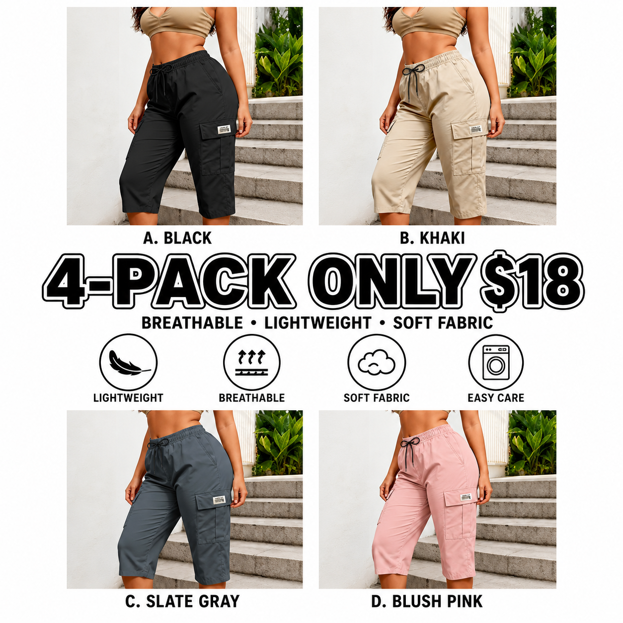 Women Solid Cargo Capri Pant Elastic Drawstring Waist Multi Flap Pockets