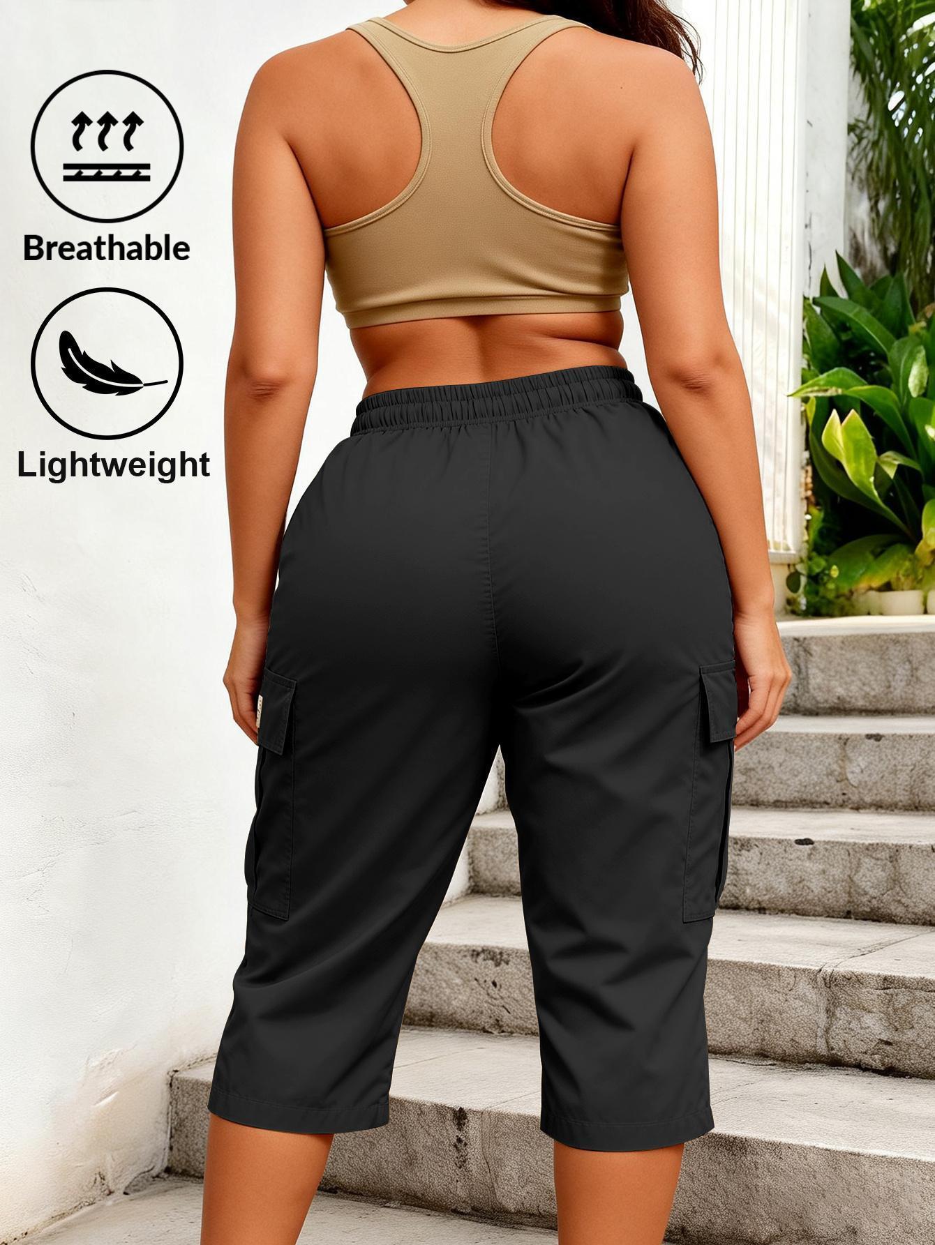 Trendy Women Solid Cargo Capri Pant Elastic Drawstring Waist Multi Flap Pockets Casual Streetwear Daily Outdoor Stylish Slim Fit Women Fashion Bottoms Must-Have Daily Outfit Pants Women's Clothing