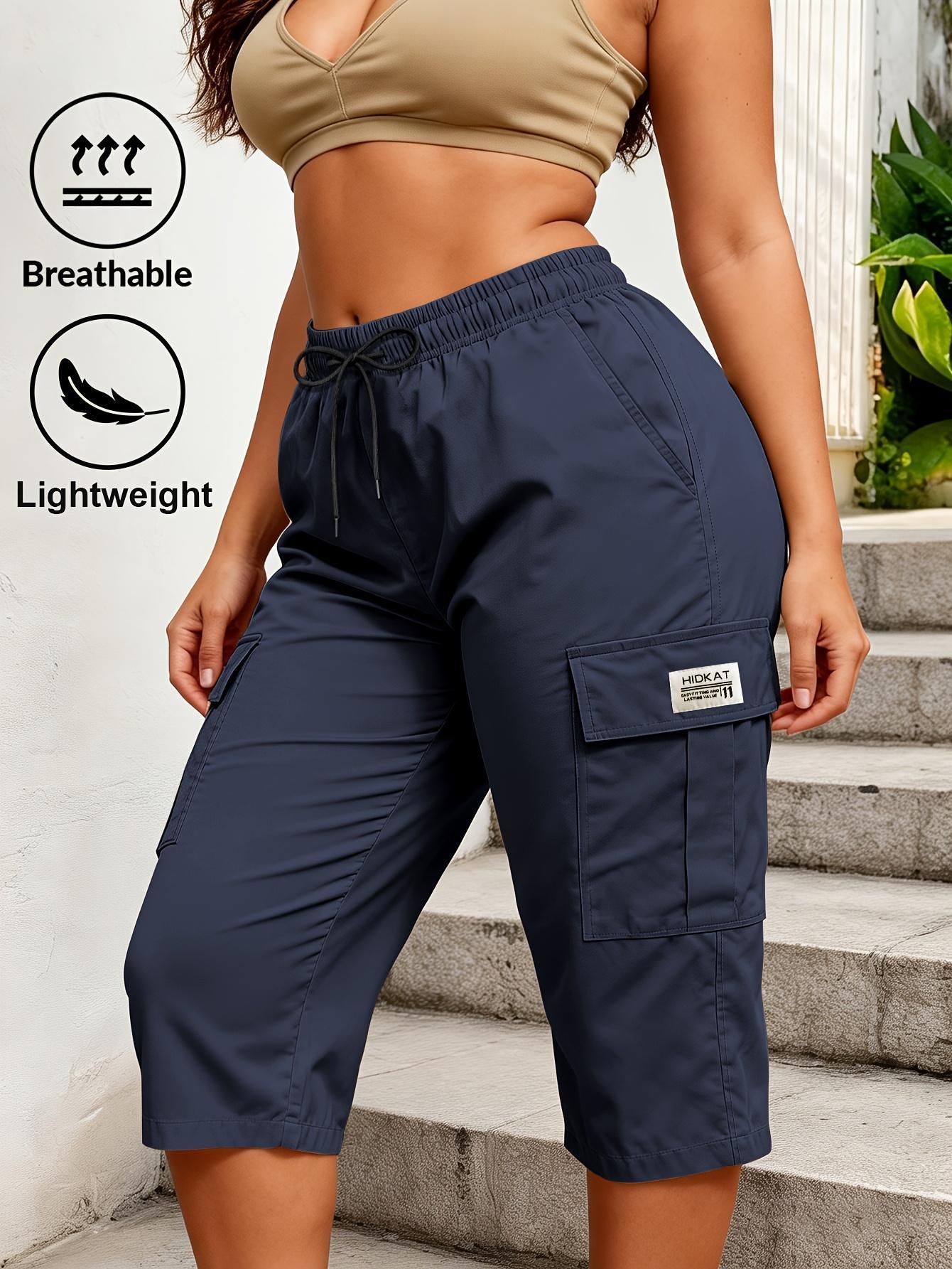 Trendy Women Solid Cargo Capri Pant Elastic Drawstring Waist Multi Flap Pockets Casual Streetwear Daily Outdoor Stylish Slim Fit Women Fashion Bottoms Must-Have Daily Outfit Pants Women's Clothing