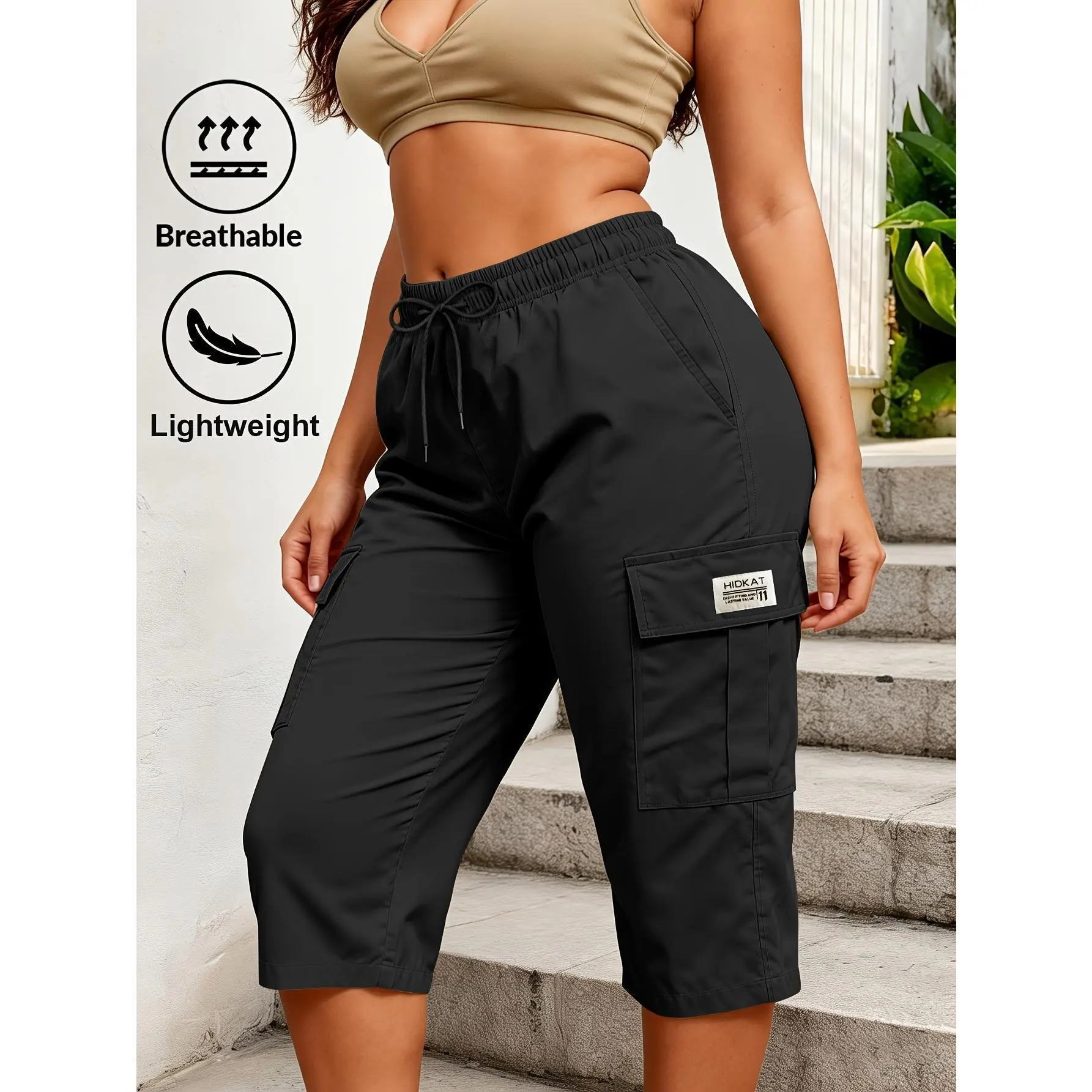 Women Solid Cargo Capri Pant Elastic Drawstring Waist Multi Flap Pockets