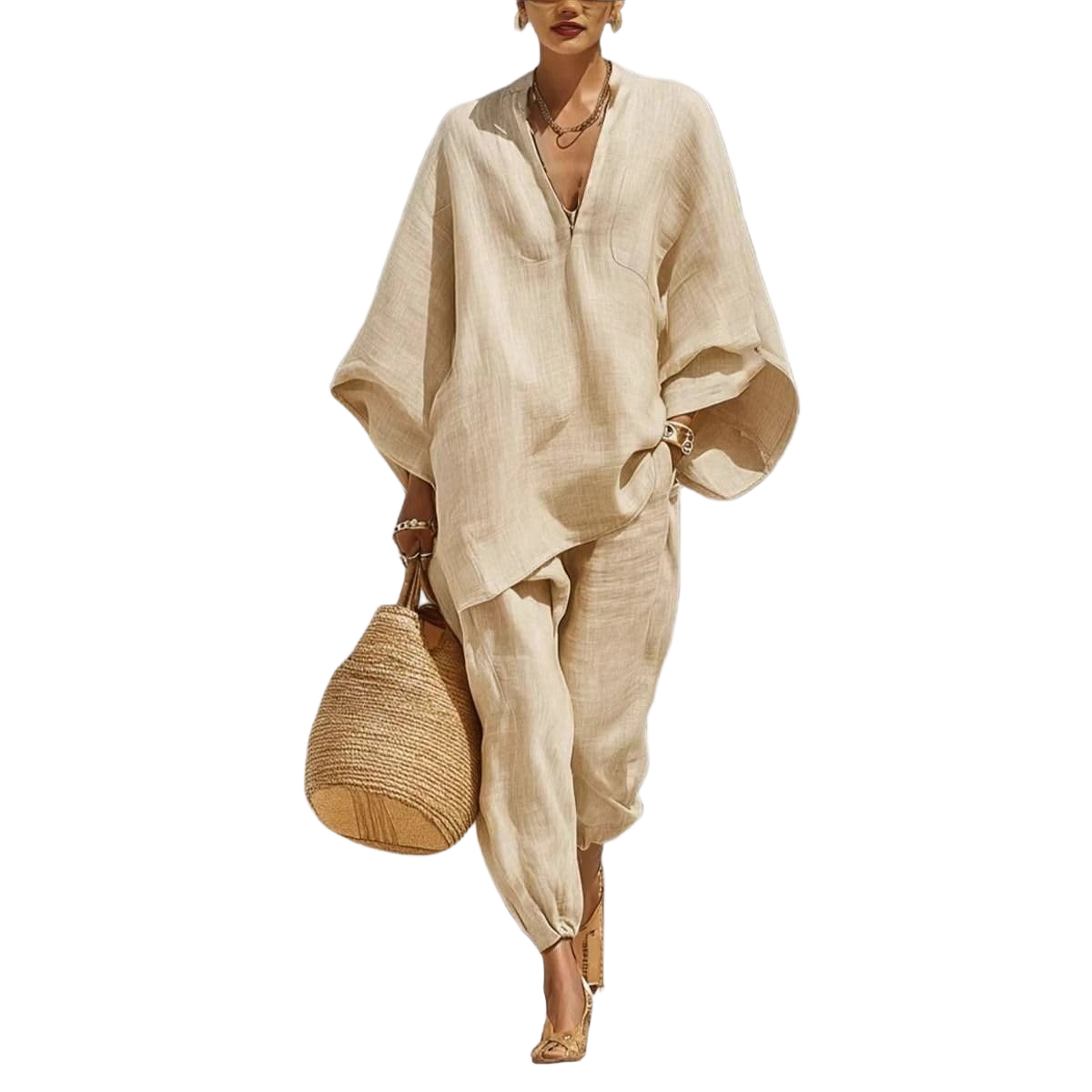 Women Linen Zip V Neck Top & Jogger Pants Two Piece Outfit