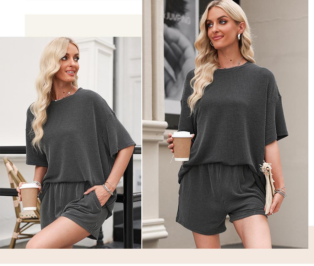 Asvivid Women's Summer Ribbed Knit Lounge Set, 2-Piece Short Sleeve Twist Top and Shorts Outfit with Pockets, Women's Tops, Elastic Waist