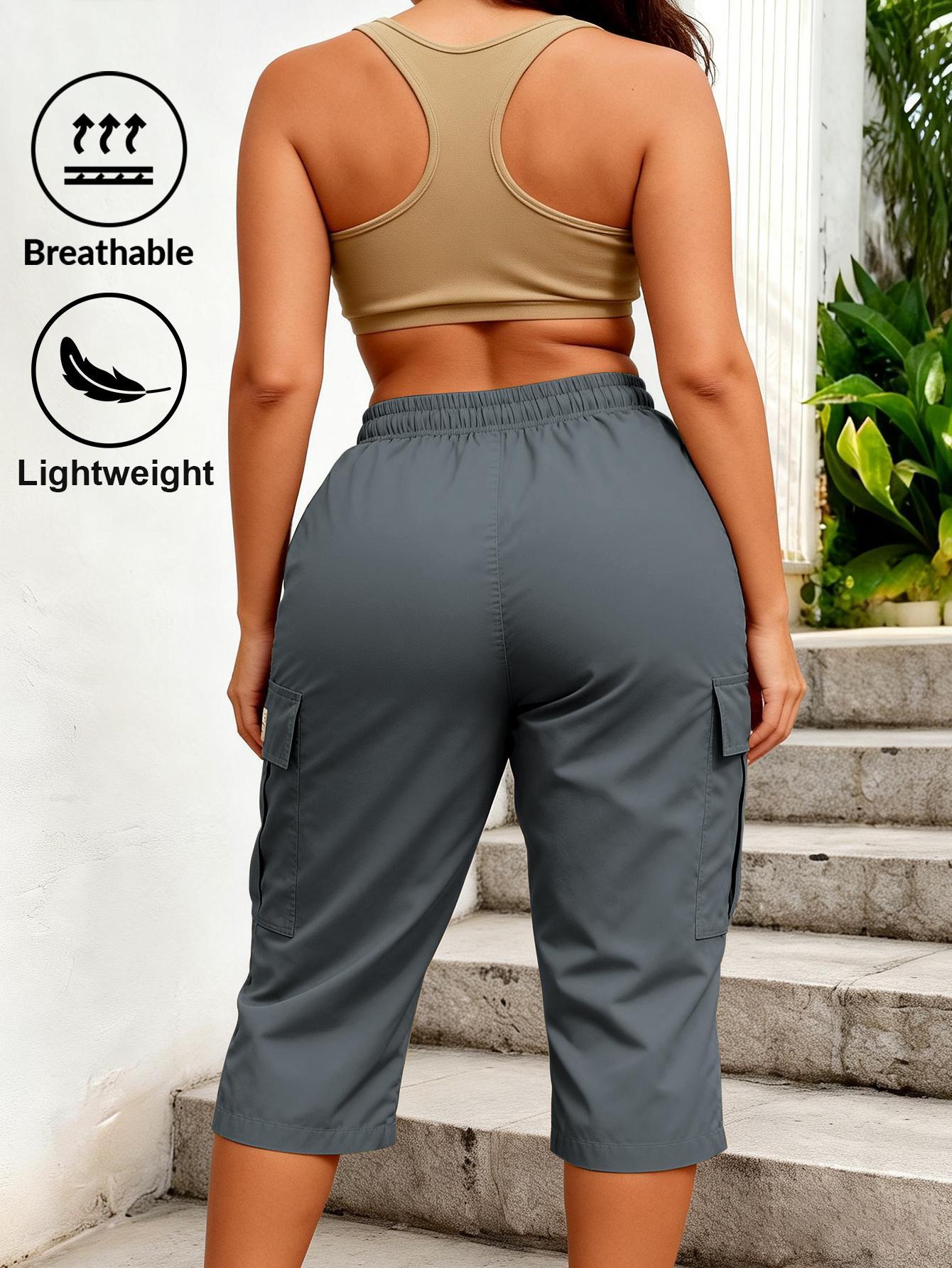 Trendy Women Solid Cargo Capri Pant Elastic Drawstring Waist Multi Flap Pockets Casual Streetwear Daily Outdoor Stylish Slim Fit Women Fashion Bottoms Must-Have Daily Outfit Pants Women's Clothing