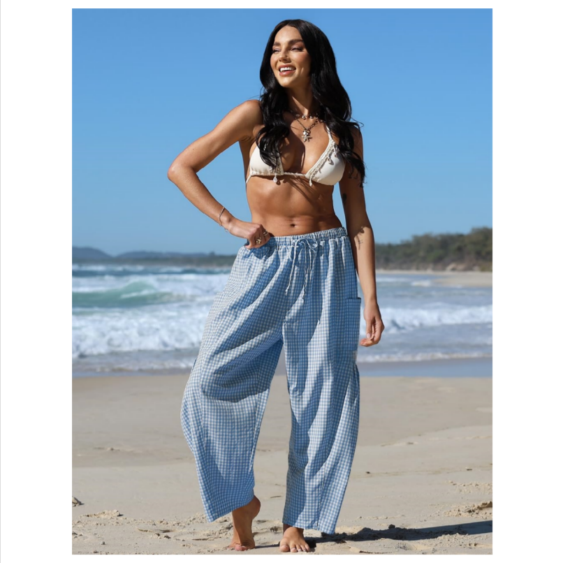 Womens Wide Leg Gingham Striped Plaid Pants