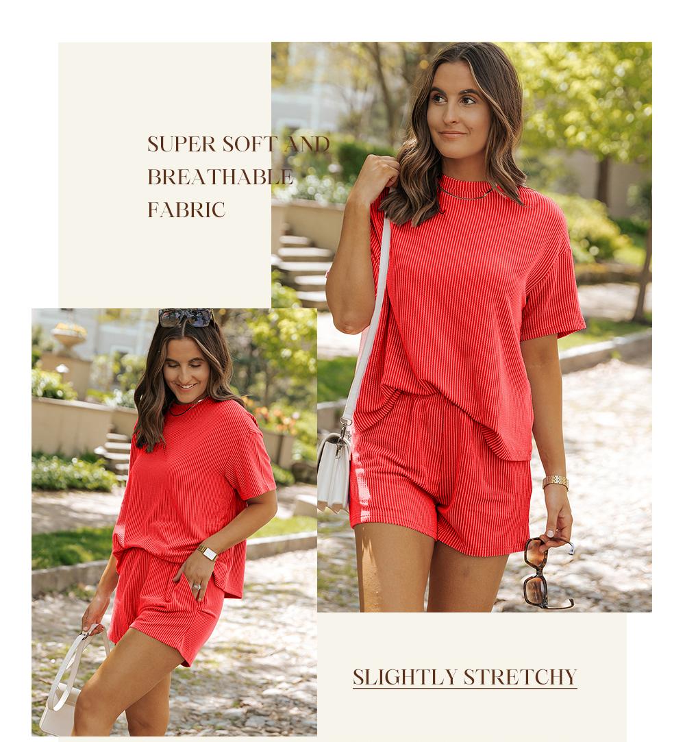 Asvivid Women's Summer Ribbed Knit Lounge Set, 2-Piece Short Sleeve Twist Top and Shorts Outfit with Pockets, Women's Tops, Elastic Waist Asvivid Women's Summer Ribbed Knit Lounge Set, 2-Piece Short Sleeve Twist Top and Shorts Outfit with Pockets, Women's Tops, Elastic Waist