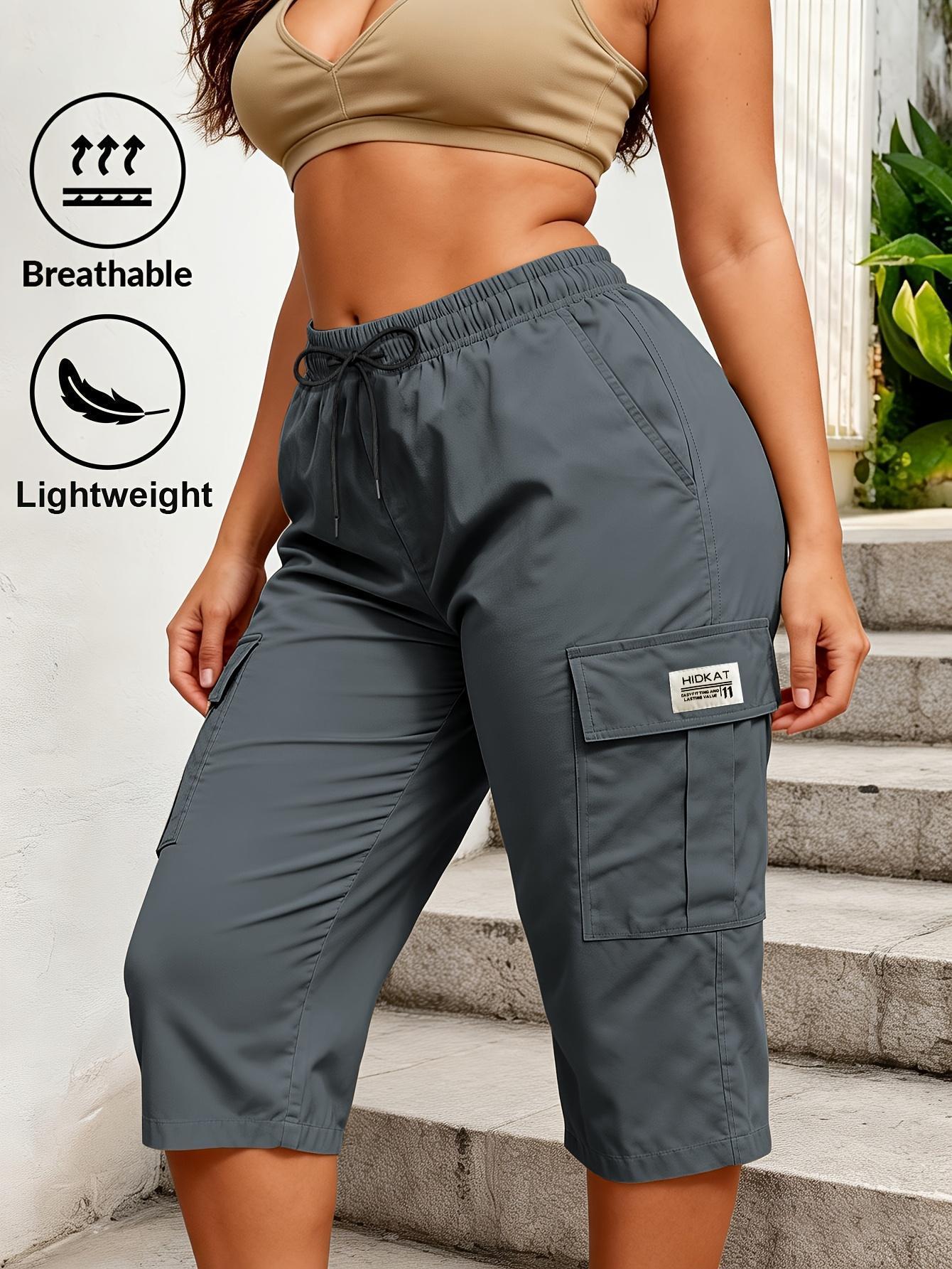 Trendy Women Solid Cargo Capri Pant Elastic Drawstring Waist Multi Flap Pockets Casual Streetwear Daily Outdoor Stylish Slim Fit Women Fashion Bottoms Must-Have Daily Outfit Pants Women's Clothing