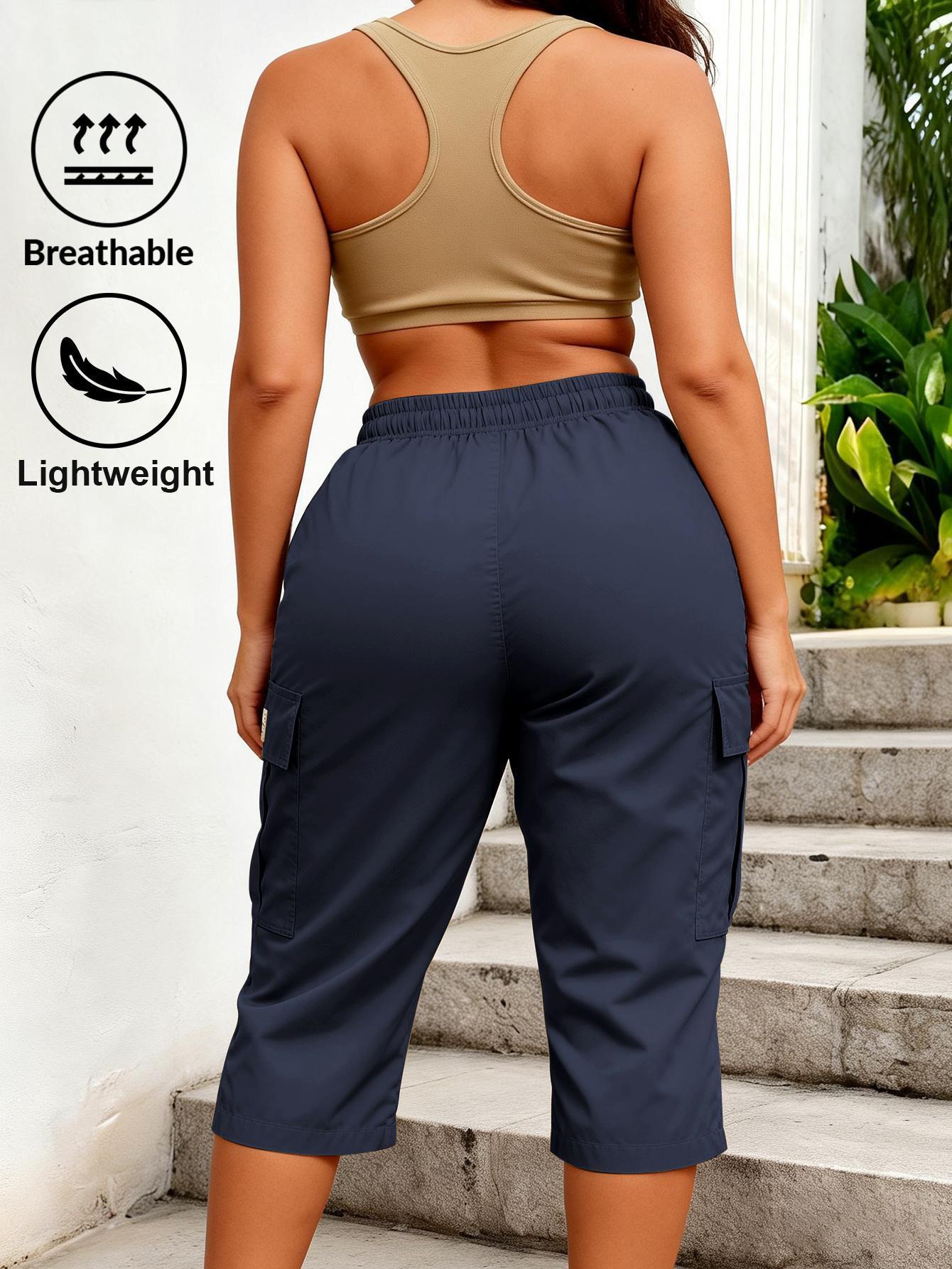 Trendy Women Solid Cargo Capri Pant Elastic Drawstring Waist Multi Flap Pockets Casual Streetwear Daily Outdoor Stylish Slim Fit Women Fashion Bottoms Must-Have Daily Outfit Pants Women's Clothing