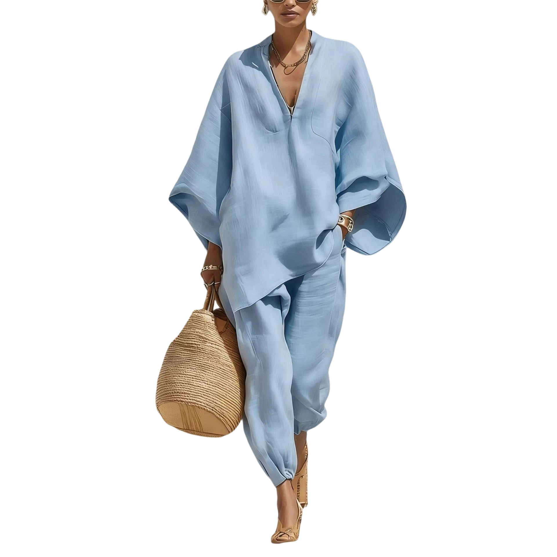 Women Linen Zip V Neck Top & Jogger Pants Two Piece Outfit