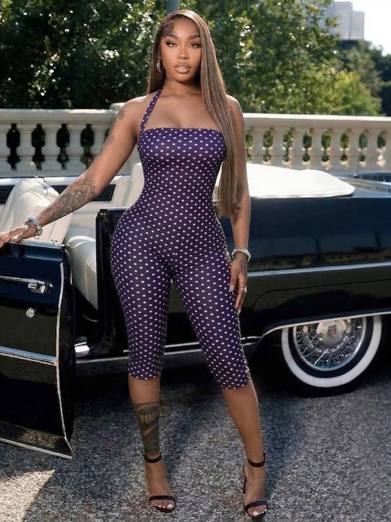 Women's Polka Dot Sleeveless Halter Bodycon Fit Long Pants, Elegant Retro Chic Style, Perfect for Daily Commute and Dates, Halter Neck Jumpsuit