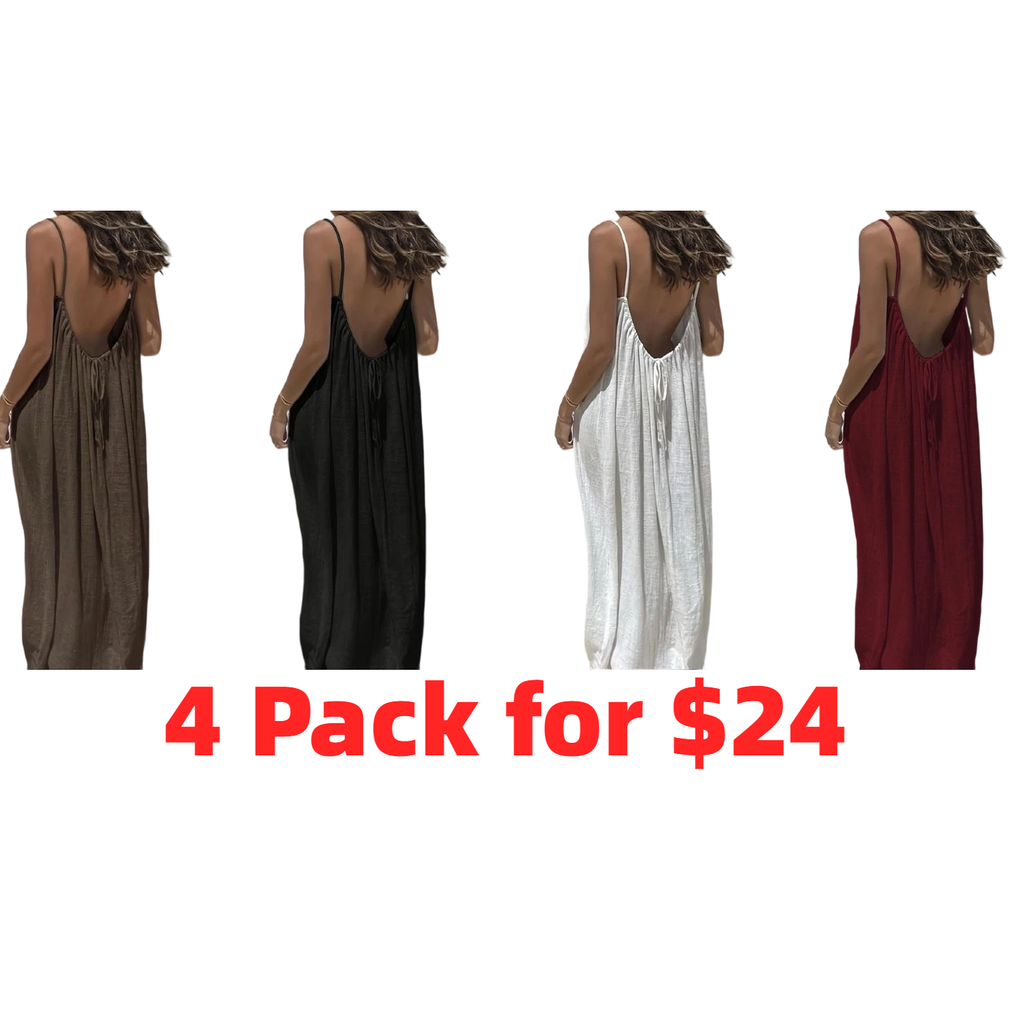 Women's Cotton Linen Backless Loose Dress with Pockets