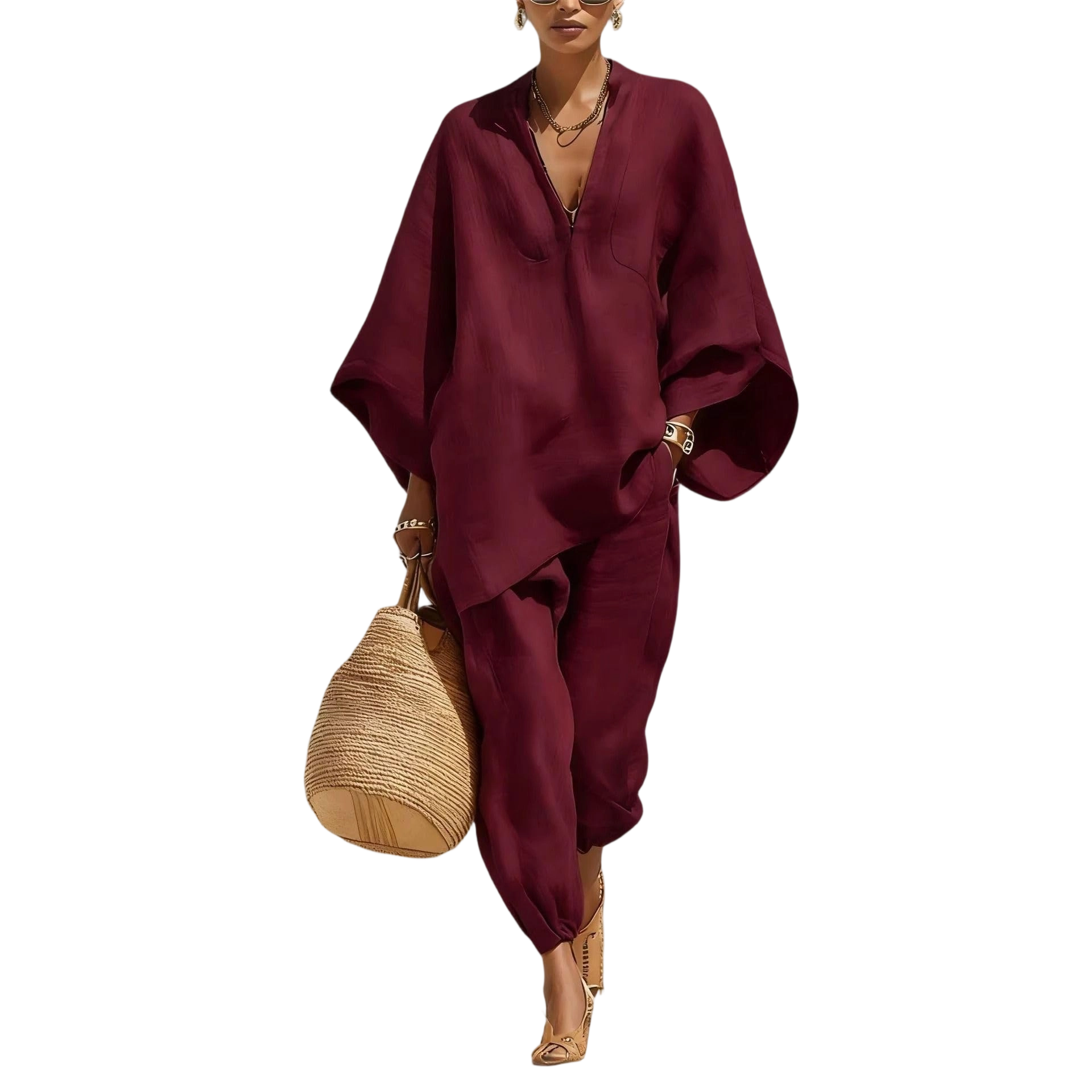 Women Linen Zip V Neck Top & Jogger Pants Two Piece Outfit