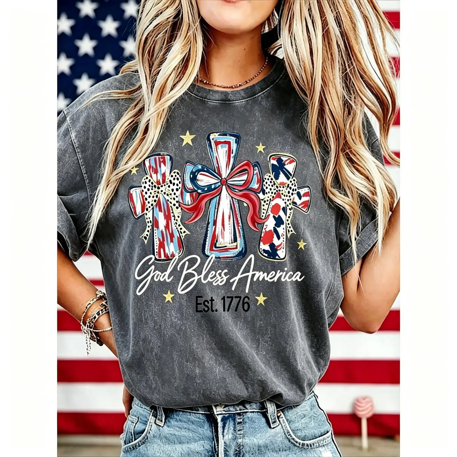 God Bless America Women Washed T-shirt Vintage 250 Years America Anniversary USA 250th Birthday Gift Shirt Memorial Independence Day 4th of July Men Women Cotton Tee Shirt