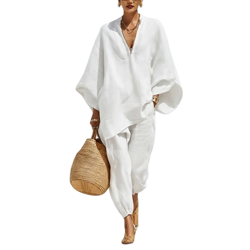 Women Linen Zip V Neck Top & Jogger Pants Two Piece Outfit