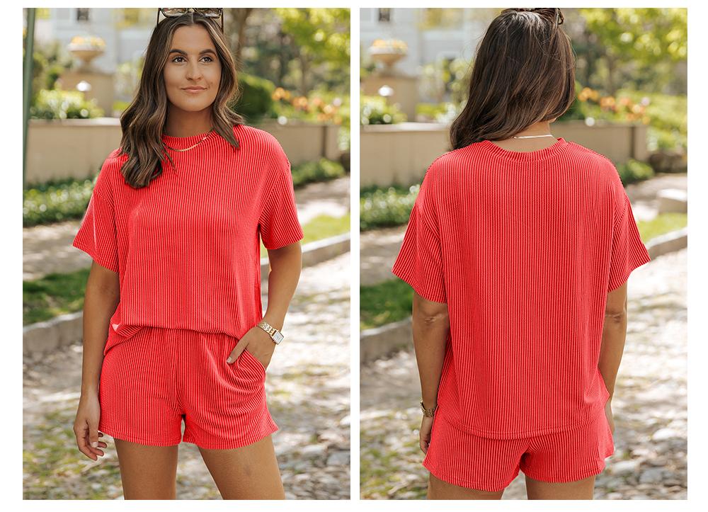 Asvivid Women's Summer Ribbed Knit Lounge Set, 2-Piece Short Sleeve Twist Top and Shorts Outfit with Pockets, Women's Tops, Elastic Waist Asvivid Women's Summer Ribbed Knit Lounge Set, 2-Piece Short Sleeve Twist Top and Shorts Outfit with Pockets, Women's Tops, Elastic Waist
