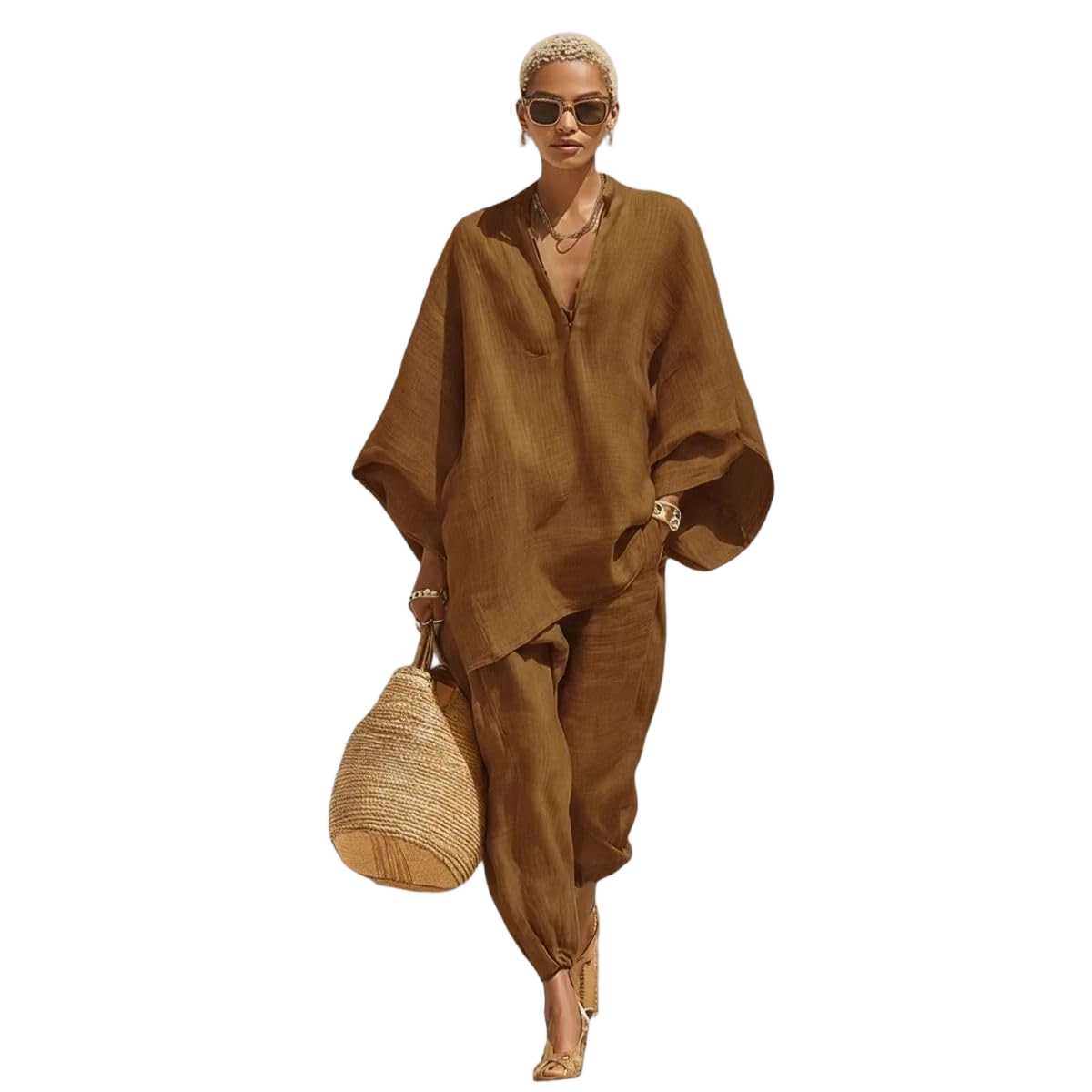Women Linen Zip V Neck Top & Jogger Pants Two Piece Outfit
