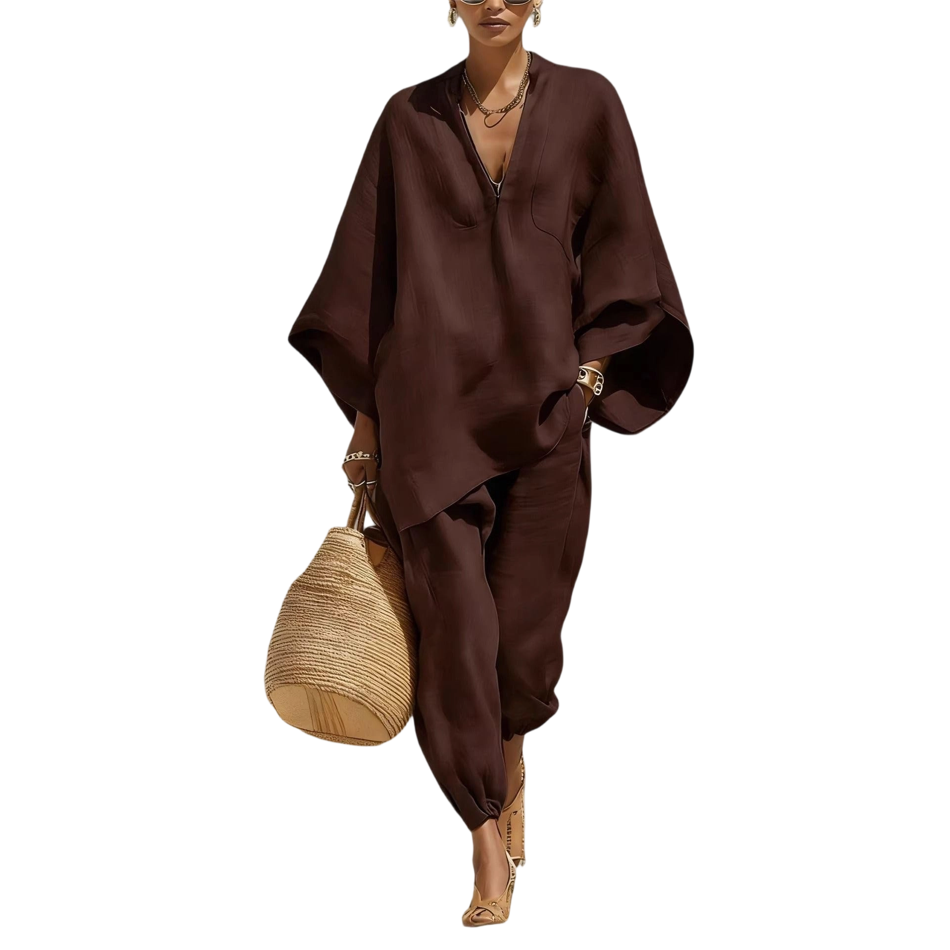 Women Linen Zip V Neck Top & Jogger Pants Two Piece Outfit