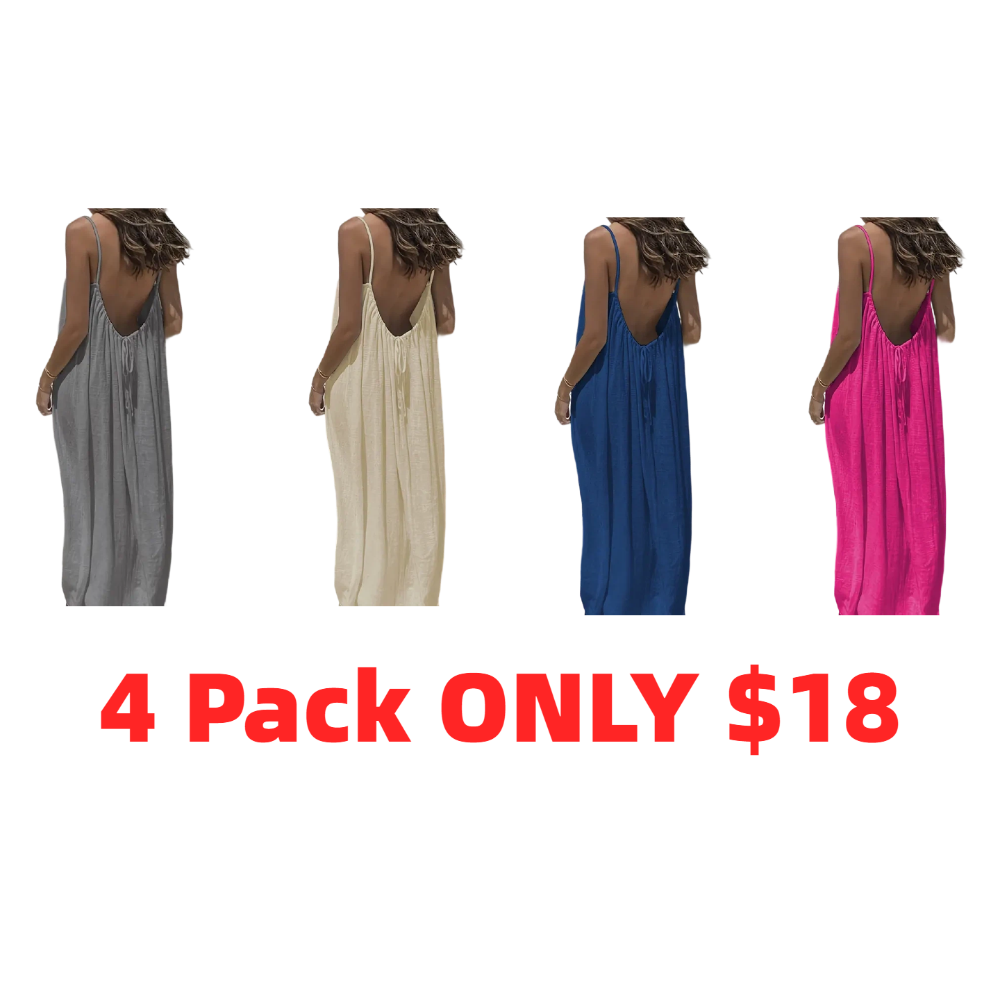 Women's Cotton Linen Backless Loose Dress with Pockets