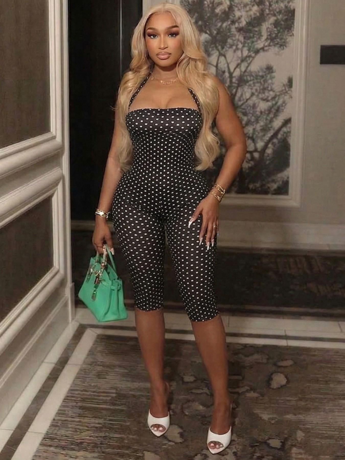 Women's Polka Dot Sleeveless Halter Bodycon Fit Long Pants, Elegant Retro Chic Style, Perfect for Daily Commute and Dates, Halter Neck Jumpsuit