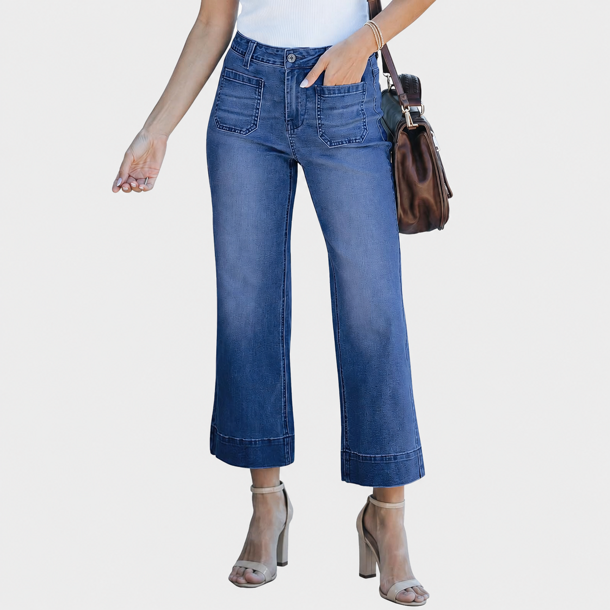 Wide Leg Jeans for Women Trendy High Waisted Flare Jeans Cropped Denim Pants Stretchy Baggy with Patch Pockets
